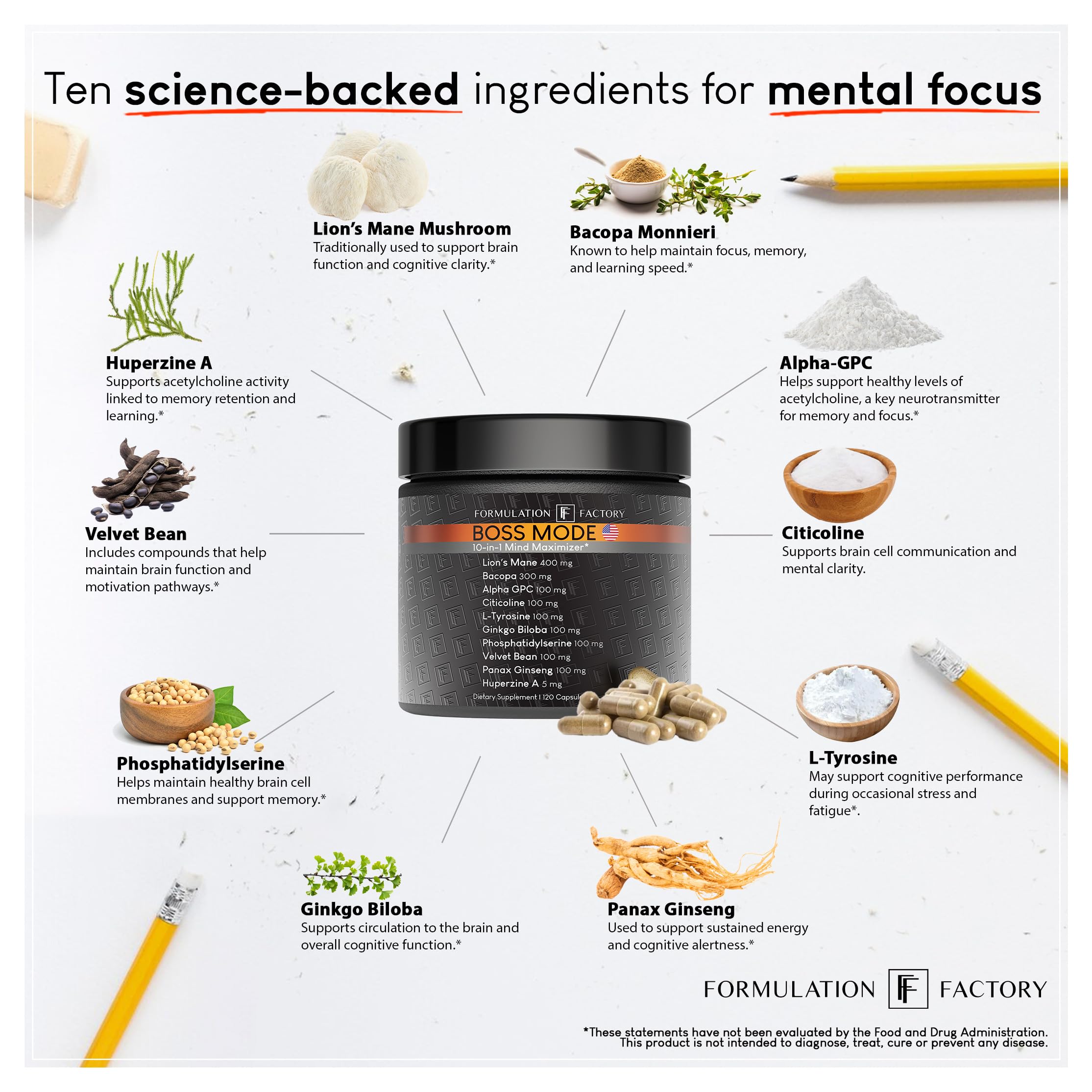 Formulation Factory Nootropic Brain Supplement - Boss Mode Focus & Memory Complex with Lion's Mane, Alpha GPC & Bacopa - Cognitive Support - 120 Capsules, 2 Month Supply Formulation FactoryAu supplements
