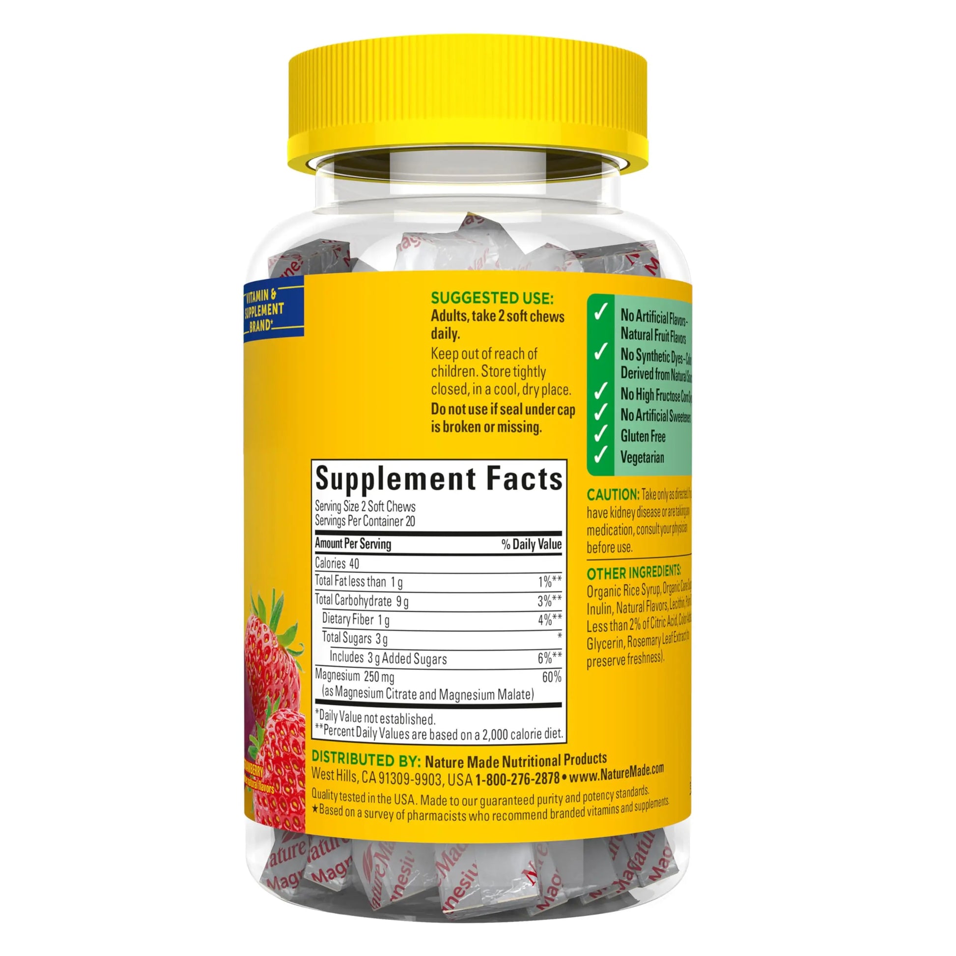 Nature Made High Absorption Magnesium Complex Soft Chews, Magnesium Supplement for Muscle, Heart, Bone Support, Magnesium Citrate & Malate Blend 250 mg per Serving, 40 Vegetarian Chews, 20 Day Supply Nature Madenz supplements
