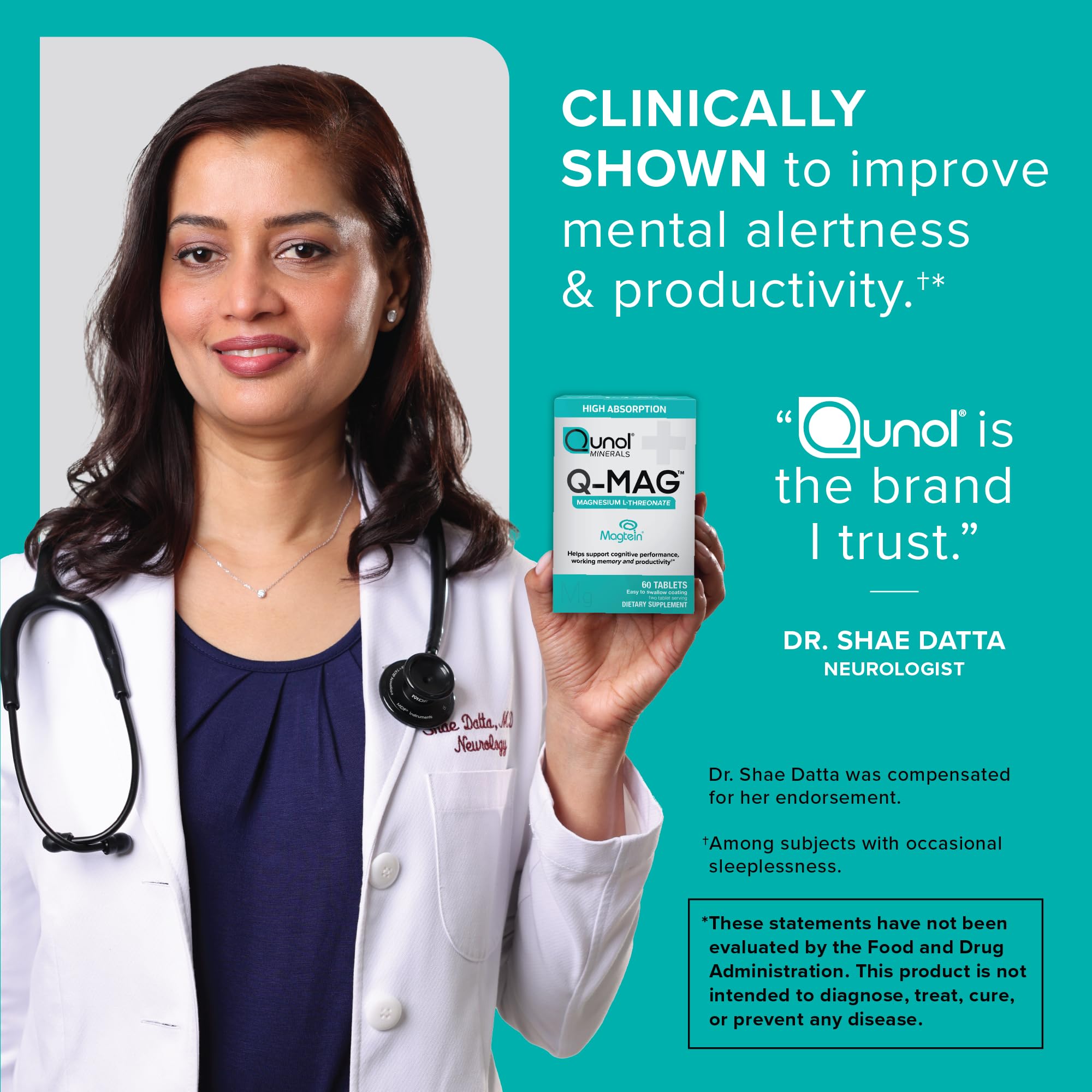 Qunol Q-Mag Magnesium L-Threonate Tablets, 2000mg of Magtein to Help Support Cognitive Performance, Improve Mental Alertness & Productivity, Supports Restful Sleep, High Absorption, 60 Count QunolAu supplements
