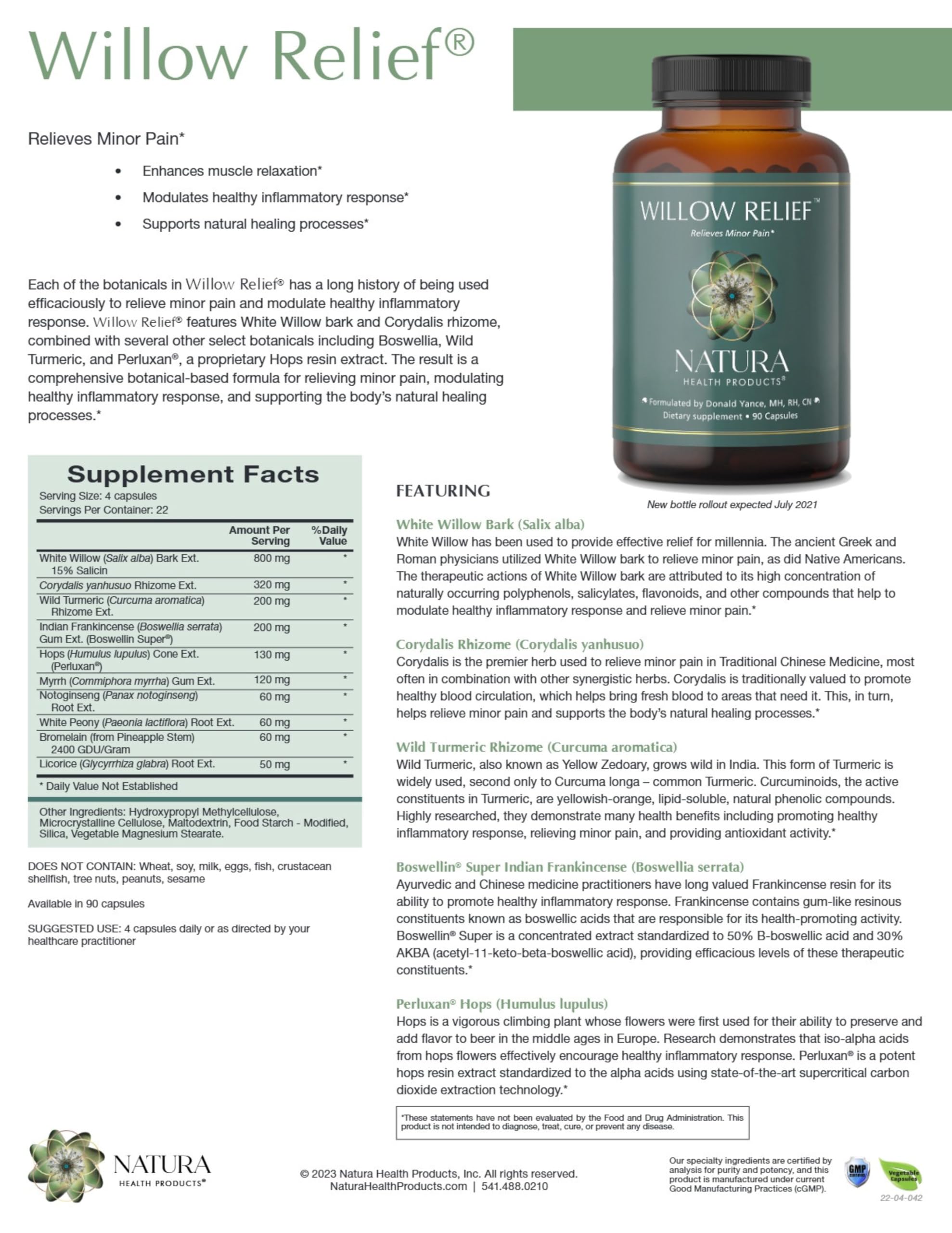 Natura Health Products Willow Relief Supplement - Enhances Muscle Relaxation - Featuring White Willow Bark, Turmeric, Boswellin Super Indian Frankincense, Corydalis Rhizome (90 Capsules) Natura Health ProductsAu supplements