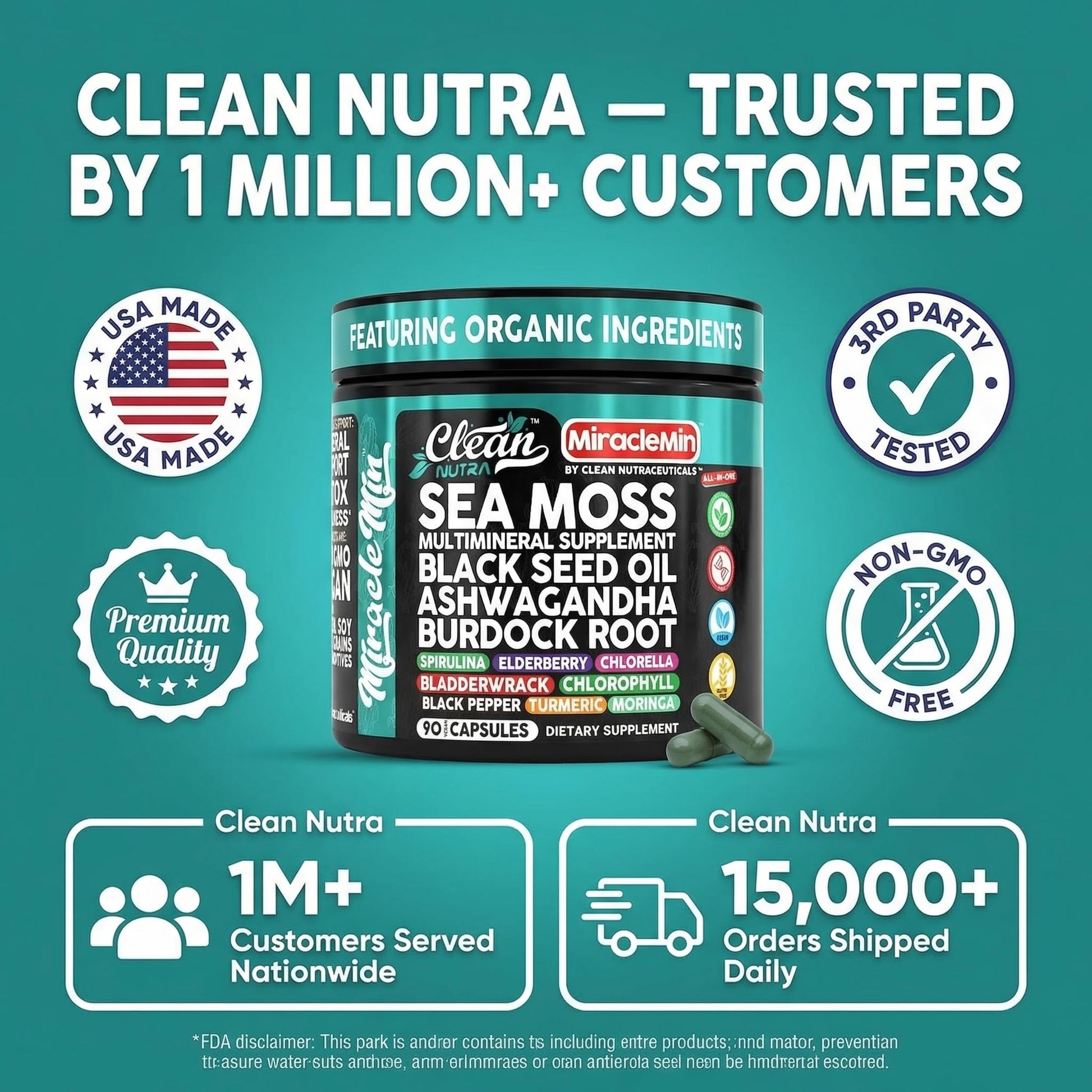 Clean Nutra Organic Sea Moss Capsules with Ashwagandha, Black Seed Oil, Burdock Root, Bladderwrack, Moringa, Chlorella, Spirulina, Turmeric, Elderberry, Amla – 90 Vegan Capsules – MiracleMin Clean NutraceuticalsAu supplements