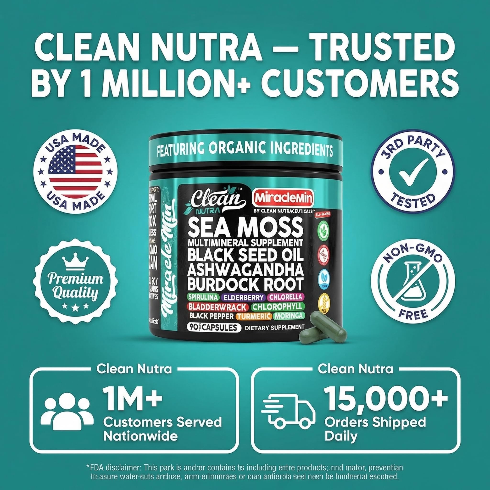 Clean Nutra Organic Sea Moss Capsules with Ashwagandha, Black Seed Oil, Burdock Root, Bladderwrack, Moringa, Chlorella, Spirulina, Turmeric, Elderberry, Amla – 90 Vegan Capsules – MiracleMin Clean NutraceuticalsAu supplements
