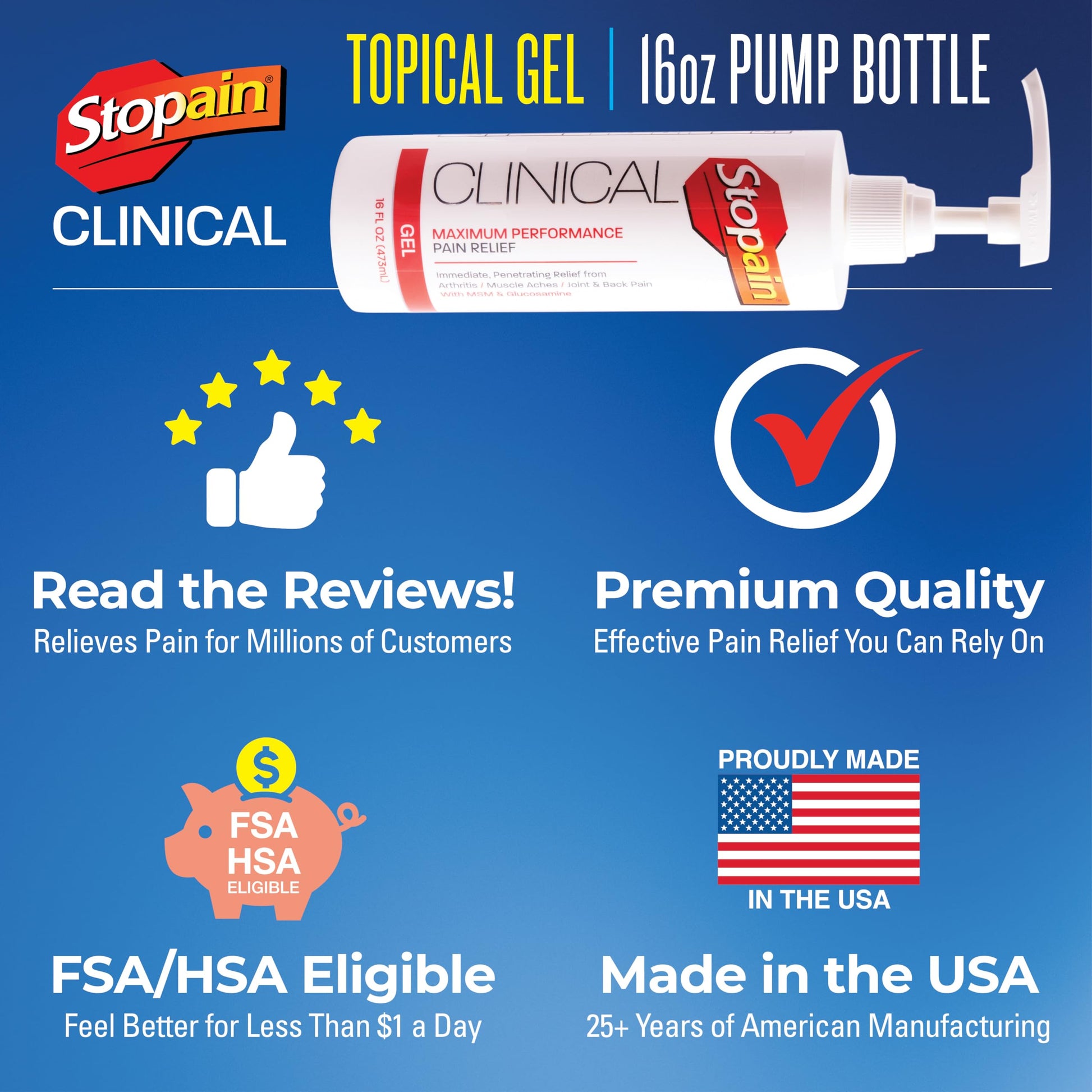 Stopain Clinical Pain Relief Gel 16 oz - Professional Formula for Arthritis, Knee, Back & Muscle Pain - Maximum Strength Gel for Joint & Nerve Pains with 10% Menthol Plus Glucosamine - Made in USA StopainAu supplements