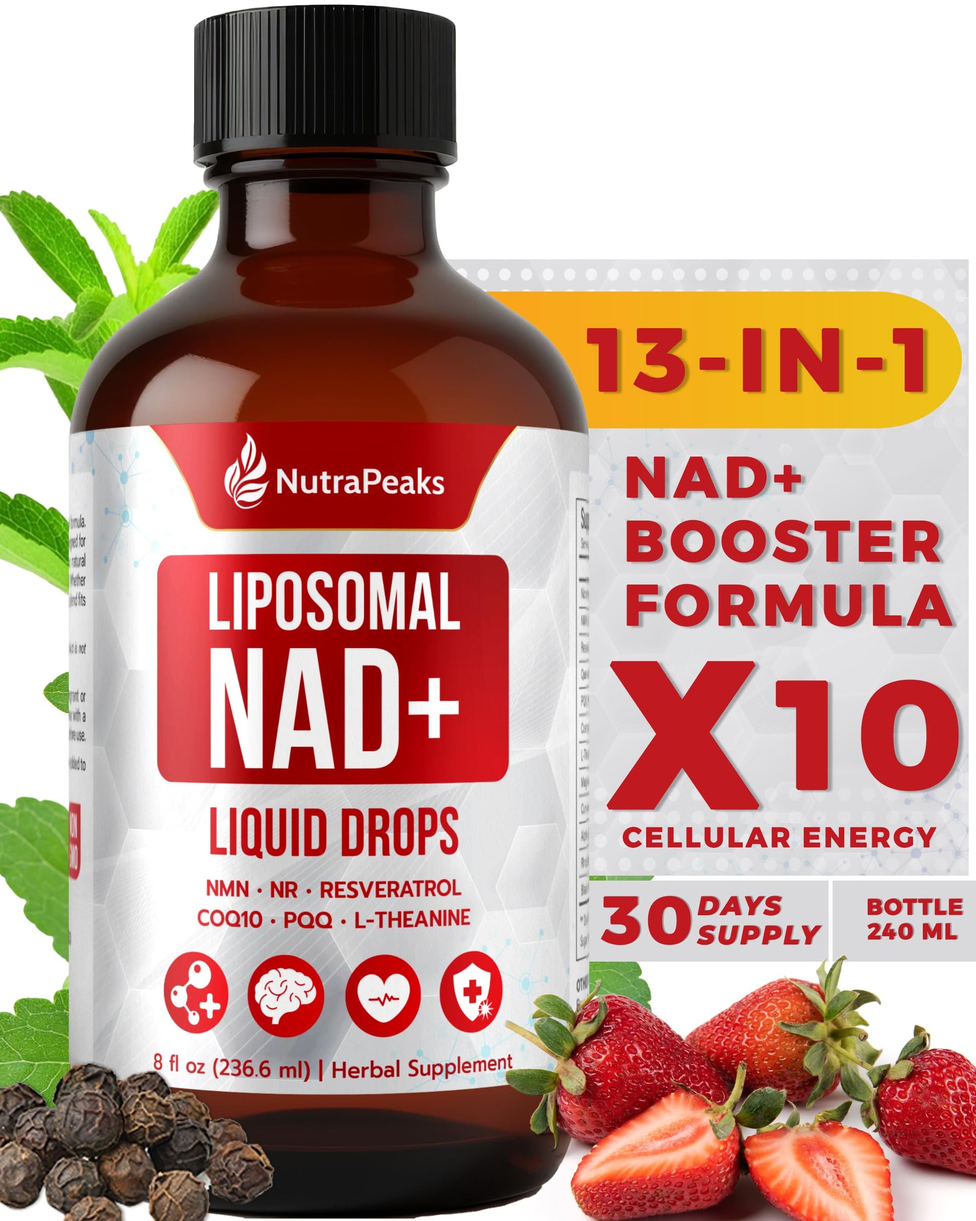 NutraPeaks NAD+ Supplement Liquid - NAD+ Supplement 1000mg, NAD+ Nicotinamide Riboside Resveratrol Supplements with PQQ, NAD+ Berry Flavor Sticks for Anti-Aging, Energy, Focus NutraPeaksAu supplements