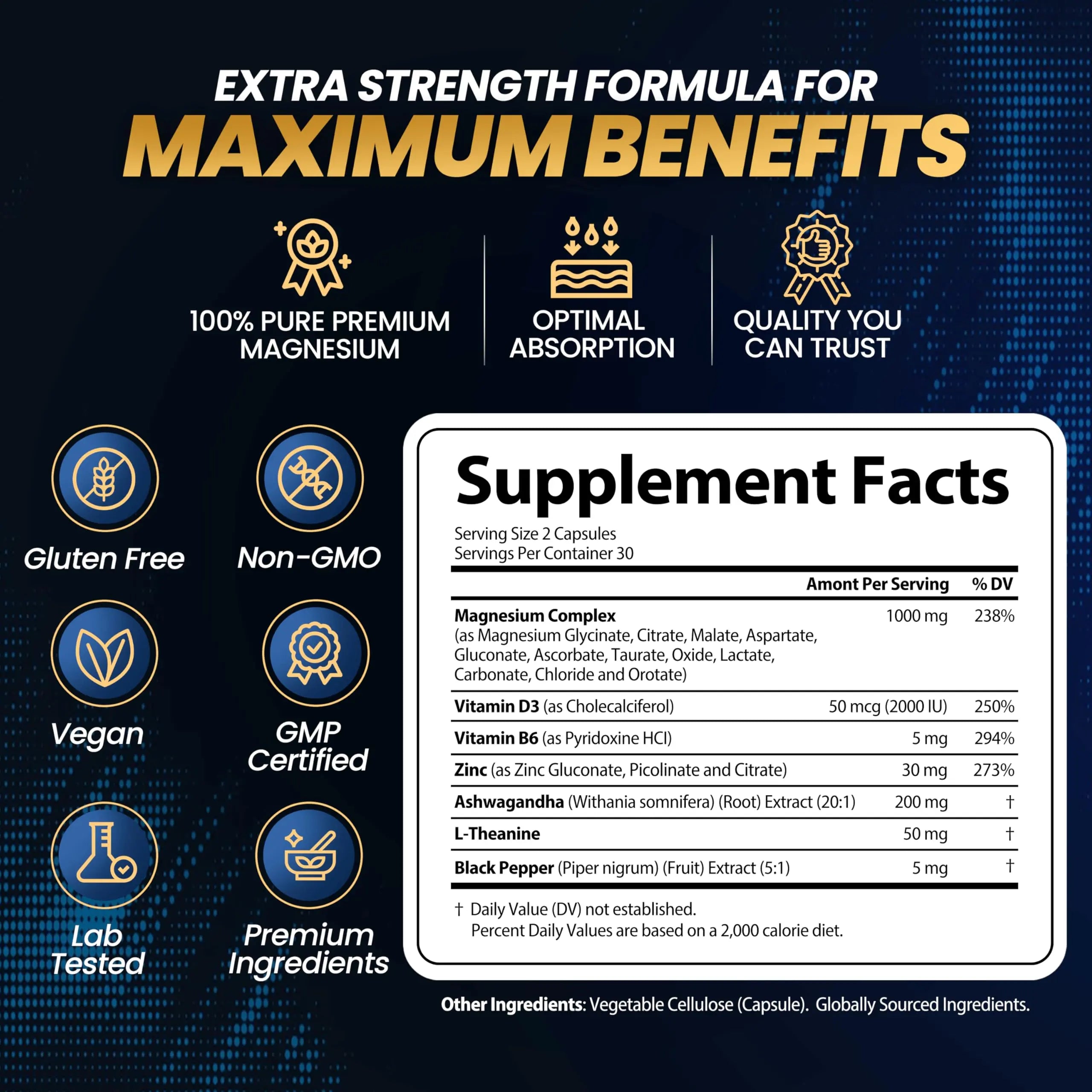 1000mg Magnesium Complex for Women and Men, 12 in 1 Magnesium Supplement with Ashwagandha, Zinc, D3, L-theanine. Easy to Swallow, High Absorption, Sleep Support & Stress Relief (60 Capsules) StrongVitnz supplements