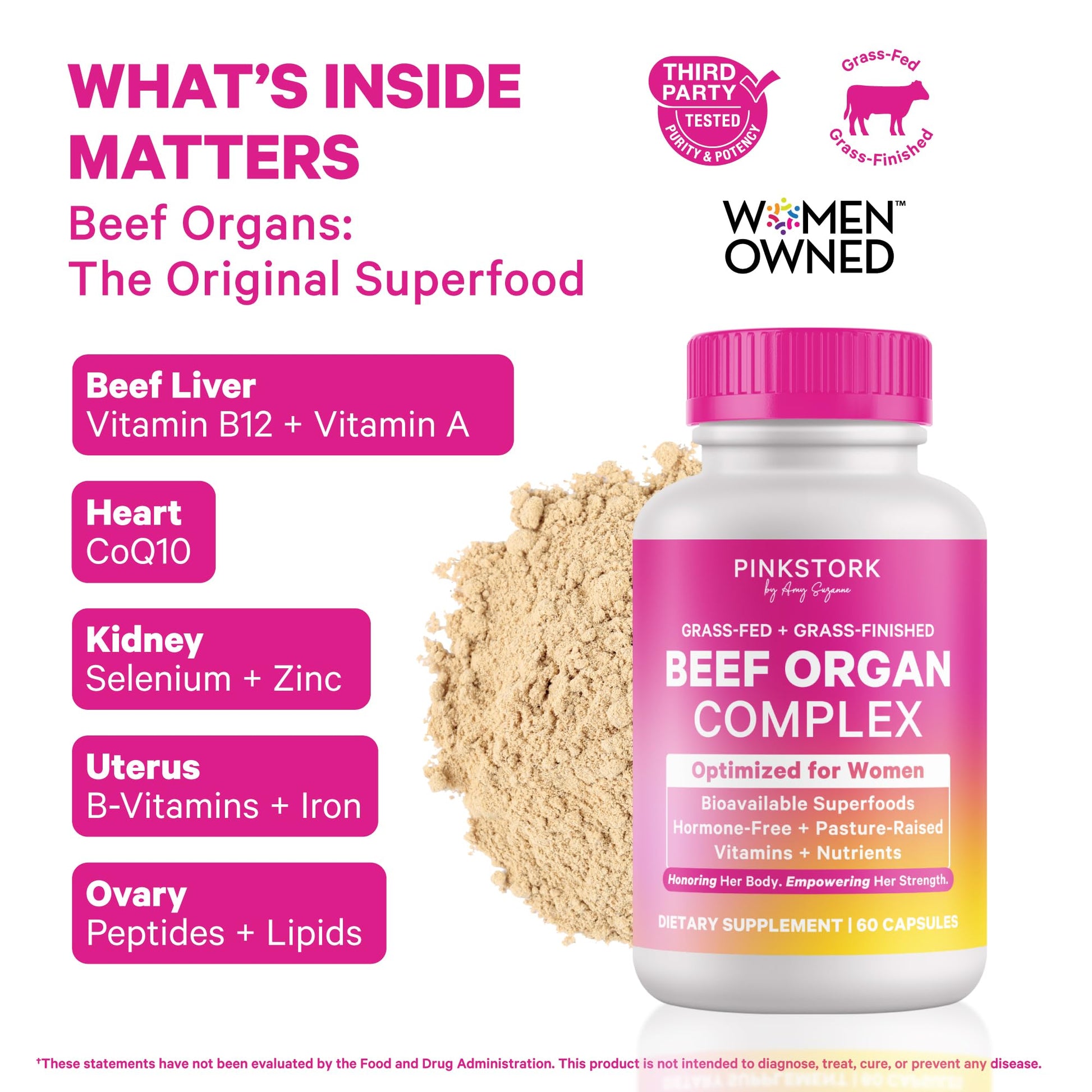 Pink Stork Beef Organ Supplement for Women | Grass-Fed Beef Liver Capsules with Iron, B12, CoQ10, Vitamin A | Primal Multivitamin for Female Hormone + Energy Support | 60 Capsules Pink StorkAu supplements