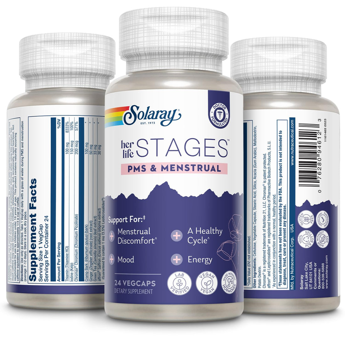 Solaray PMS & Menstrual her life STAGES - PMS Support Supplement for Women with Cramp Bark, Vitex Chasteberry - Made Without Hormones - 60-Day Guarantee - Vegan, Lab Verified - 24 Servings, 24 VegCaps SOLARAYAu supplements