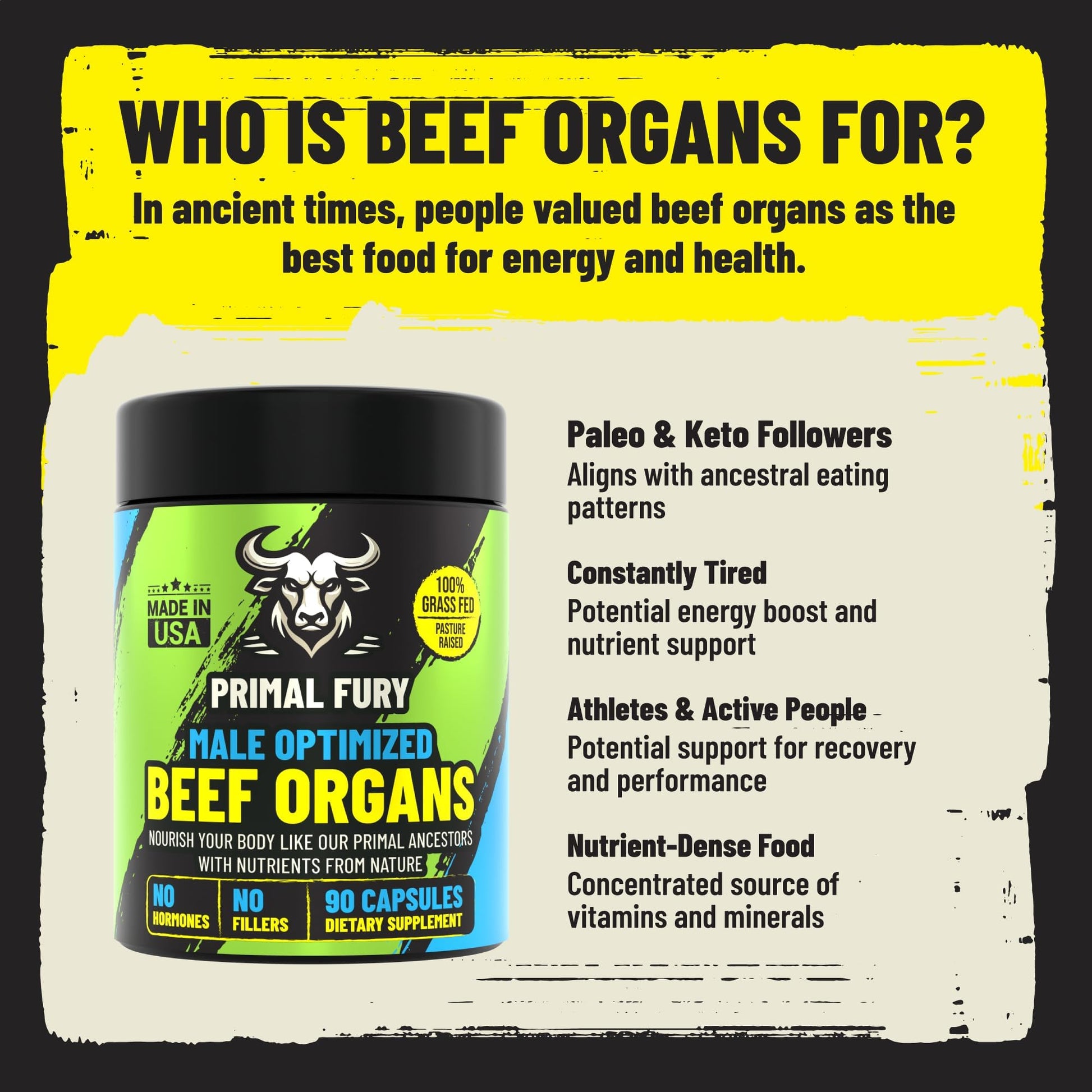 Grass Fed Beef Organ Supplement for Men - Male Optimization Pills - 6 Vital Beef Organs to Drive Prostate Health & Peak Performance, Made in USA, 90 Capsules (2 Pack) PRIMAL FURYAu supplements
