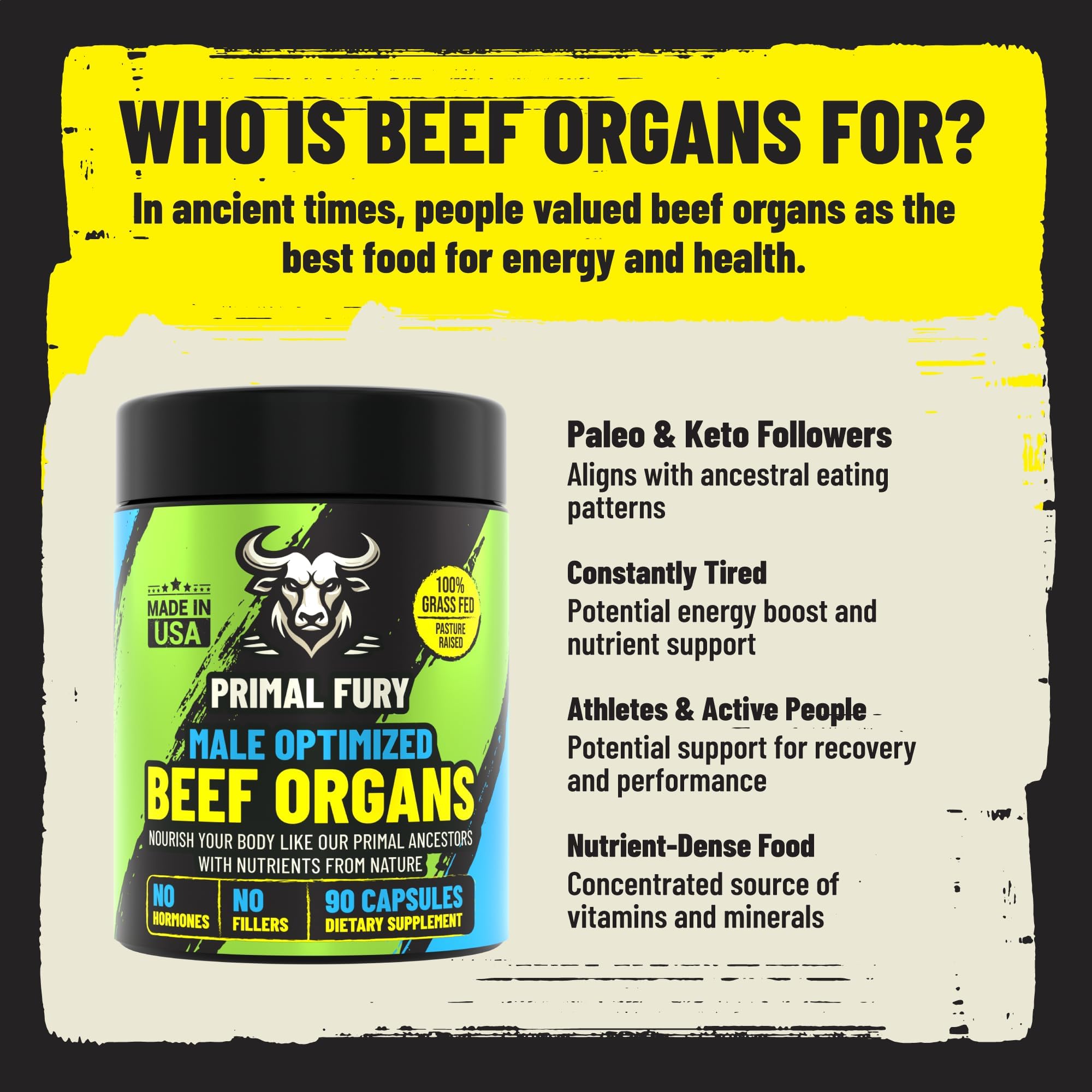 Grass Fed Beef Organ Supplement for Men - Male Optimization Pills - 6 Vital Beef Organs to Drive Prostate Health & Peak Performance, Made in USA, 90 Capsules (2 Pack) PRIMAL FURYAu supplements