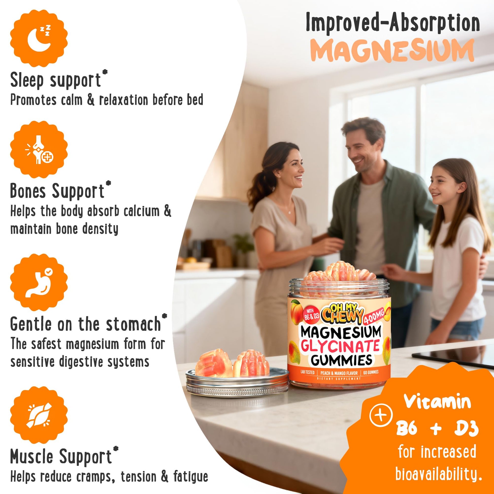 Center-Filled Magnesium Glycinate Gummies 400MG - High Absorption for Kids, Teens & Adults - Supplement for Sleep, Calm & Muscle Relaxation with B6 & D3 - Gluten Free & Vegan Friendly - 60 Count OH MY CHEWYAu supplements