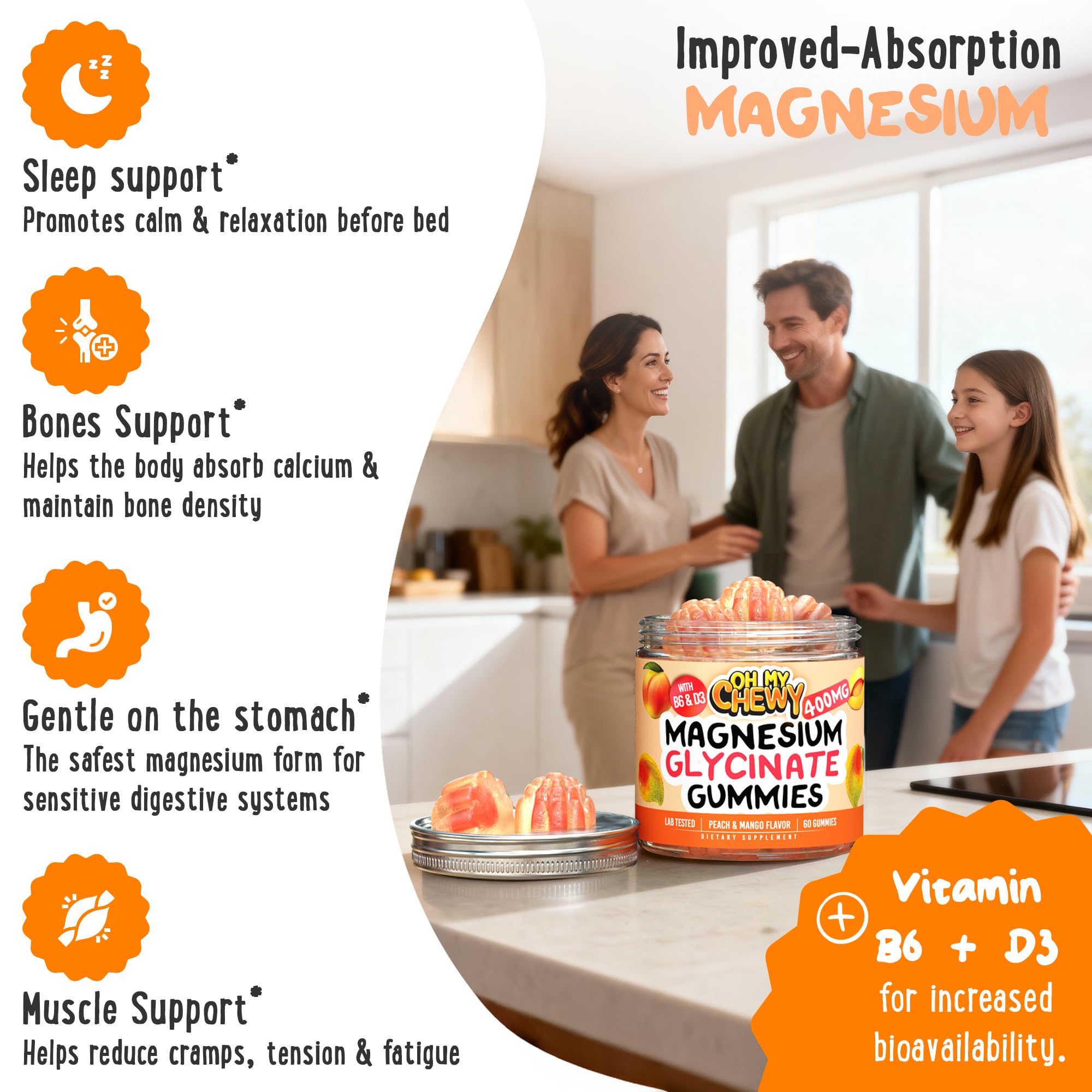 Center-Filled Magnesium Glycinate Gummies 400MG - High Absorption for Kids, Teens & Adults - Supplement for Sleep, Calm & Muscle Relaxation with B6 & D3 - Gluten Free & Vegan Friendly - 60 Count OH MY CHEWYAu supplements