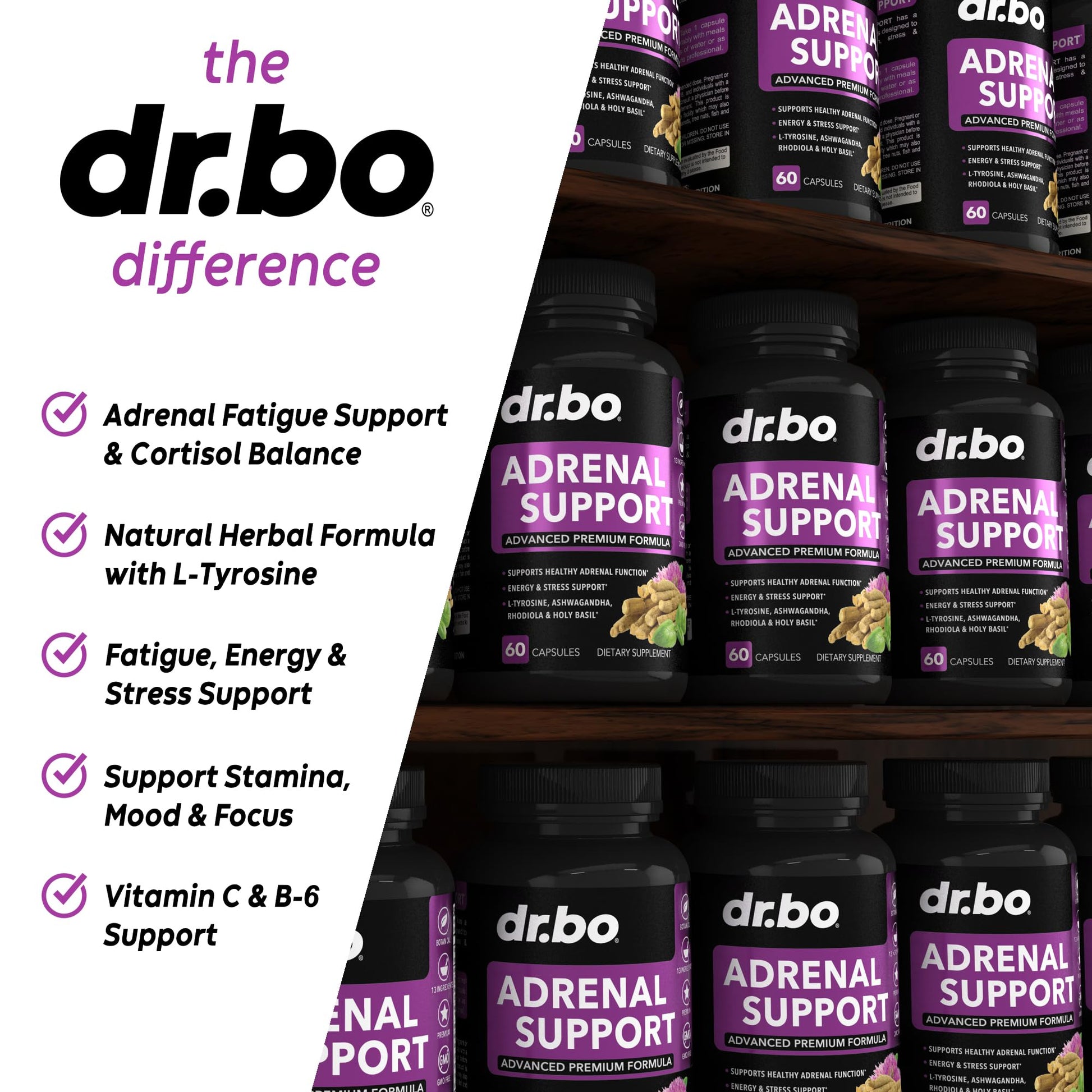 Adrenal Support Cortisol Manager Supplement - Adrenal Fatigue Supplements for Women & Men with Natural Adaptogen Ashwagandha Holy Basil Rhodiola L Tyrosine Complex Fatigue Cortisol Health - 60 Pills DR. BOAu supplements