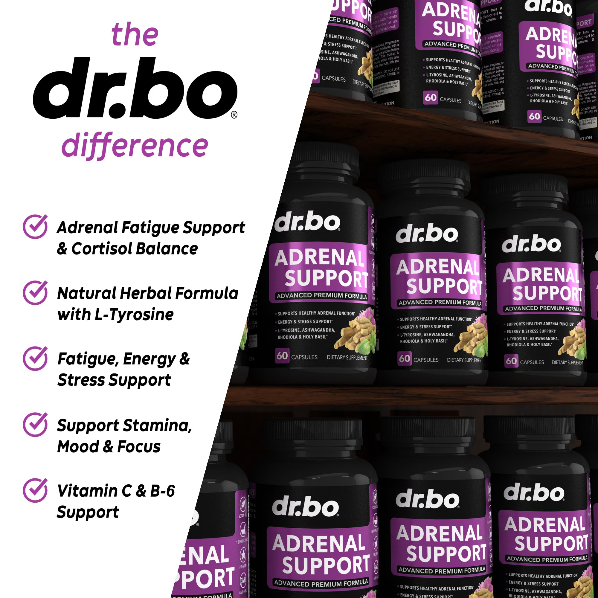 Adrenal Support Cortisol Manager Supplement - Adrenal Fatigue Supplements for Women & Men with Natural Adaptogen Ashwagandha Holy Basil Rhodiola L Tyrosine Complex Fatigue Cortisol Health - 60 Pills DR. BOAu supplements