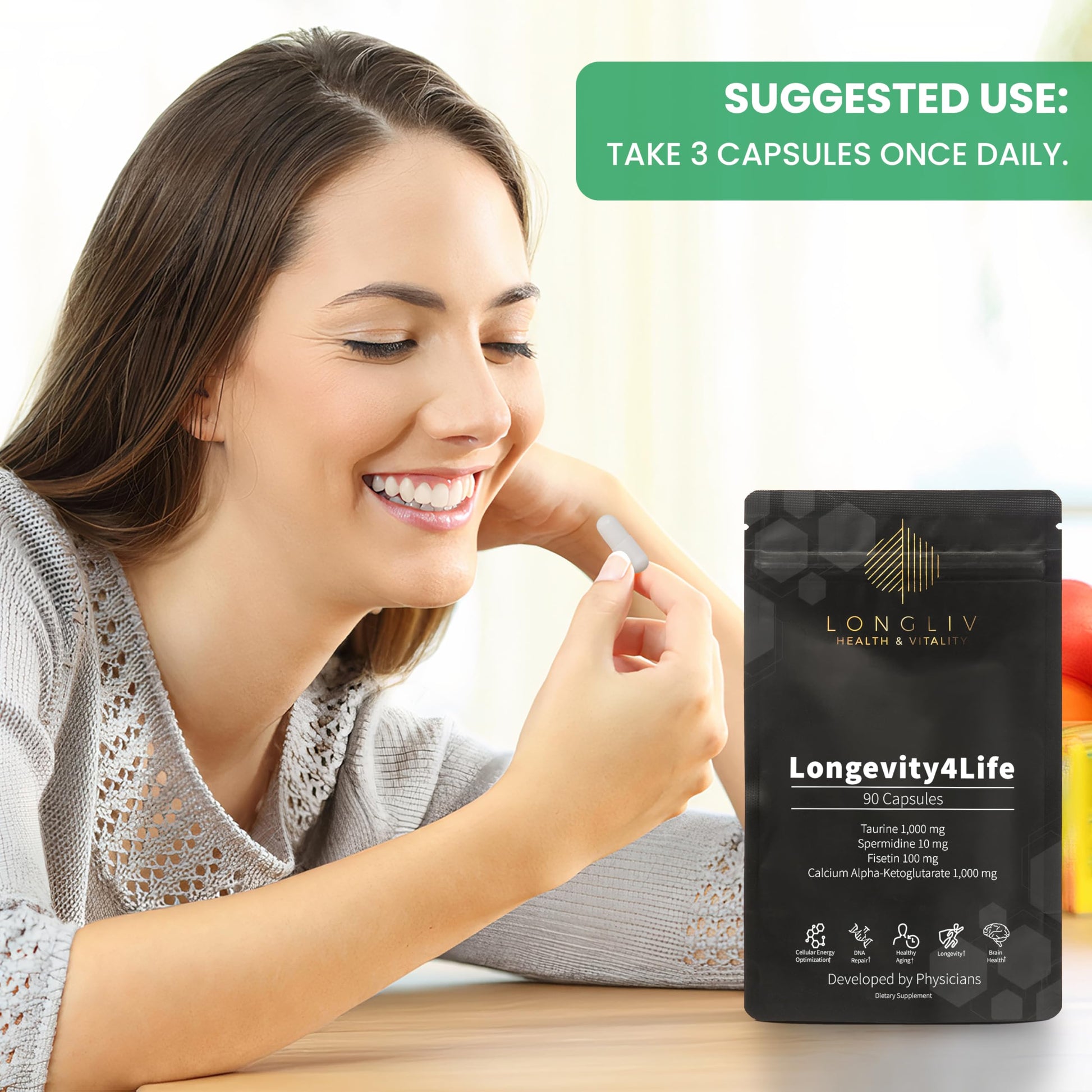 Longevity4Life - Ultimate Cellular Health Supplement - Fisetin, Taurine, Calcium Alpha-Ketoglutarate, and Spermidine Capsules for Longevity and Vitality - Made in USA - Physician Formulated LongLiv Health and VitalityAu supplements