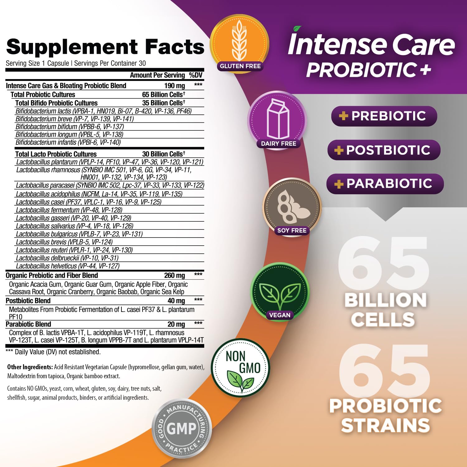 Vital Planet - Intense Care Gas & Bloating Probiotics Plus Organic Prebiotics, Postbiotics, Parabiotics, Complete 4-in-1 Supplement for Adults, 65 Billion CFU, 65 Strains, Digestive and Immune 30 ct Vital PlanetAu supplements