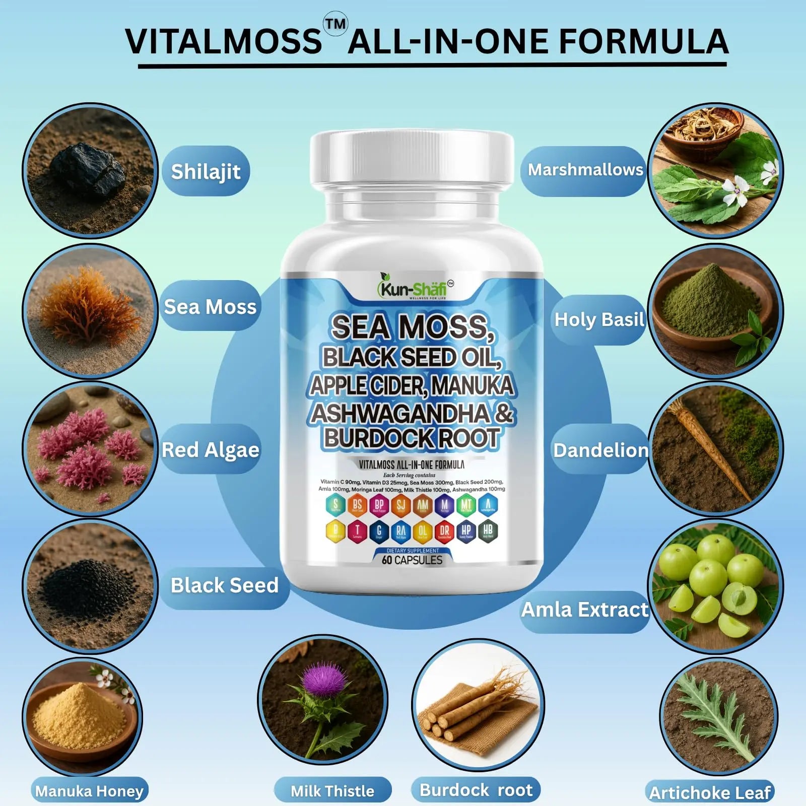 Kun Shafi Sea Moss Complex – with Black Seed Oil, Shilajit, Amla, Moringa, Turmeric, Ashwagandha & Burdock – Enriched with Vitamin C, D3, Chlorophyll, Manuka & Ginger – 60 Capsules Kun Shafinz supplements