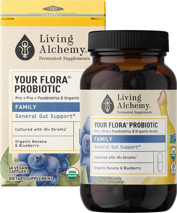 Your Flora Probiotic Family – Non-GMO Probiotics with Fermented Soybean, Banana, & Blueberry for Digestion & Gut Support – Prebiotics, Postbiotics, Digestive Enzymes – Living Alchemy, 60 Capsules Living AlchemyAu supplements
