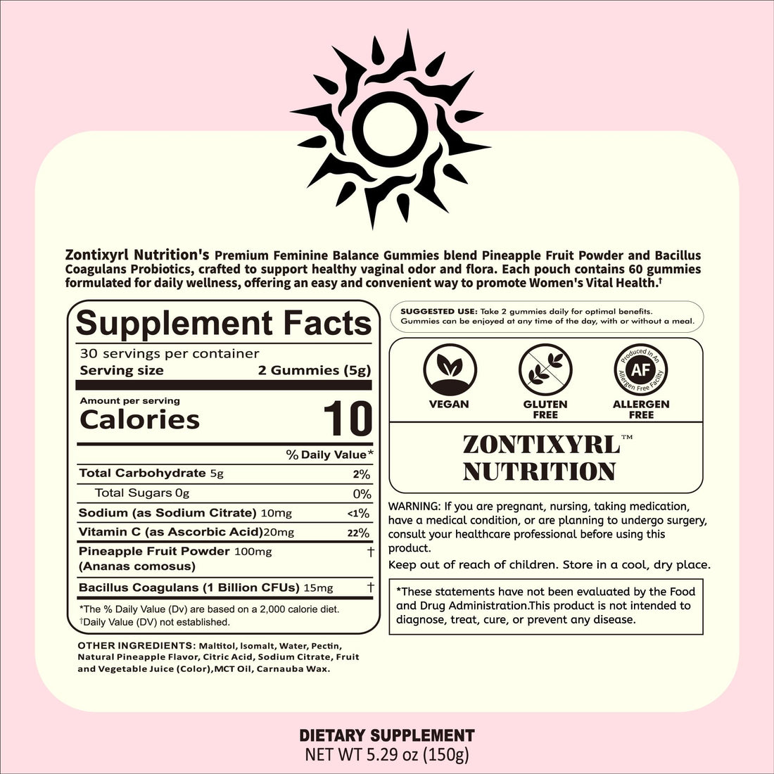 Zontixyrl Premium Feminine Balance Gummies Women - Pineapple Gummies for Women pH Probiotic and Immune Support Vegan Gluten Free 60 Gummies 30 Servings ZontixyrlAu supplements