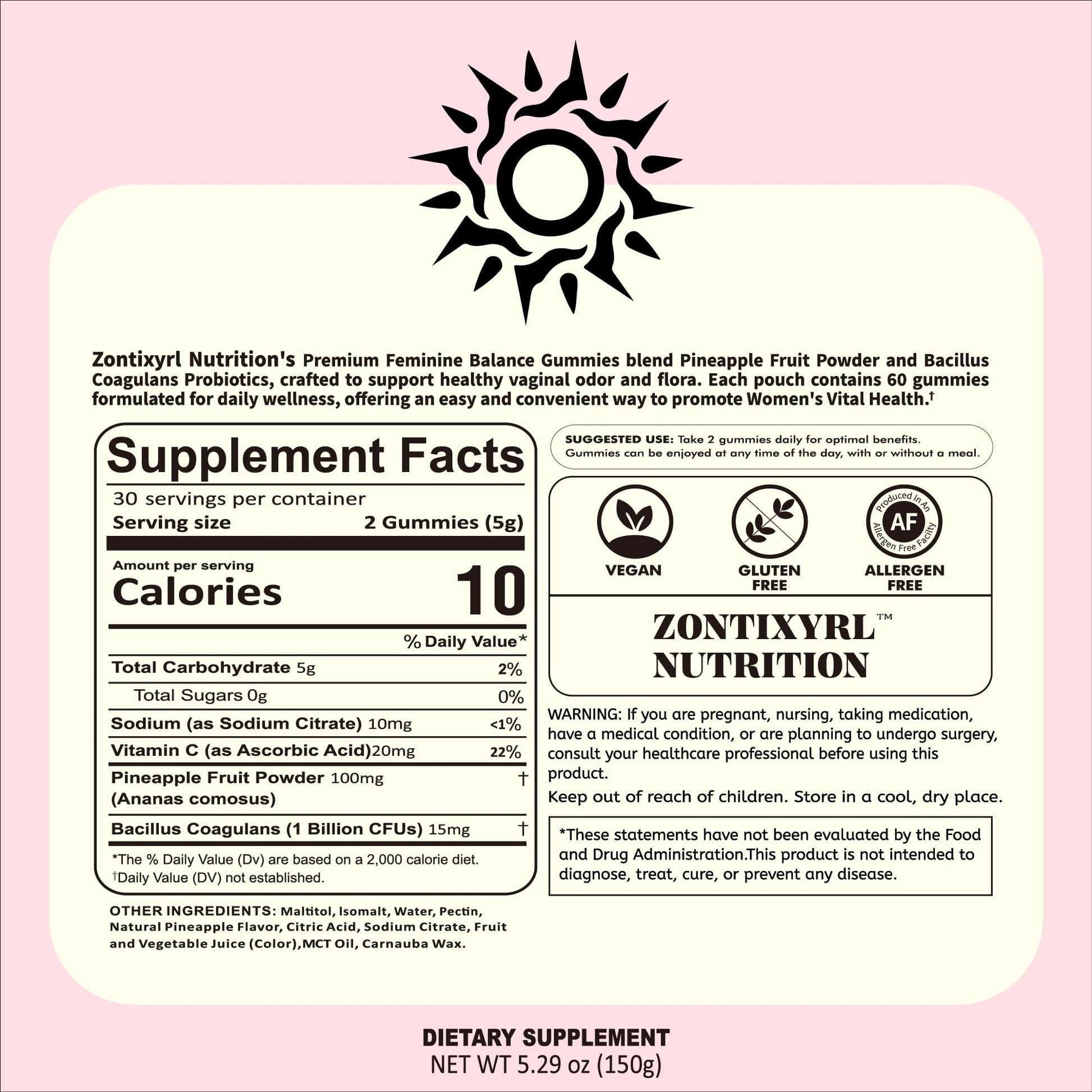 Zontixyrl Premium Feminine Balance Gummies Women - Pineapple Gummies for Women pH Probiotic and Immune Support Vegan Gluten Free 60 Gummies 30 Servings ZontixyrlAu supplements