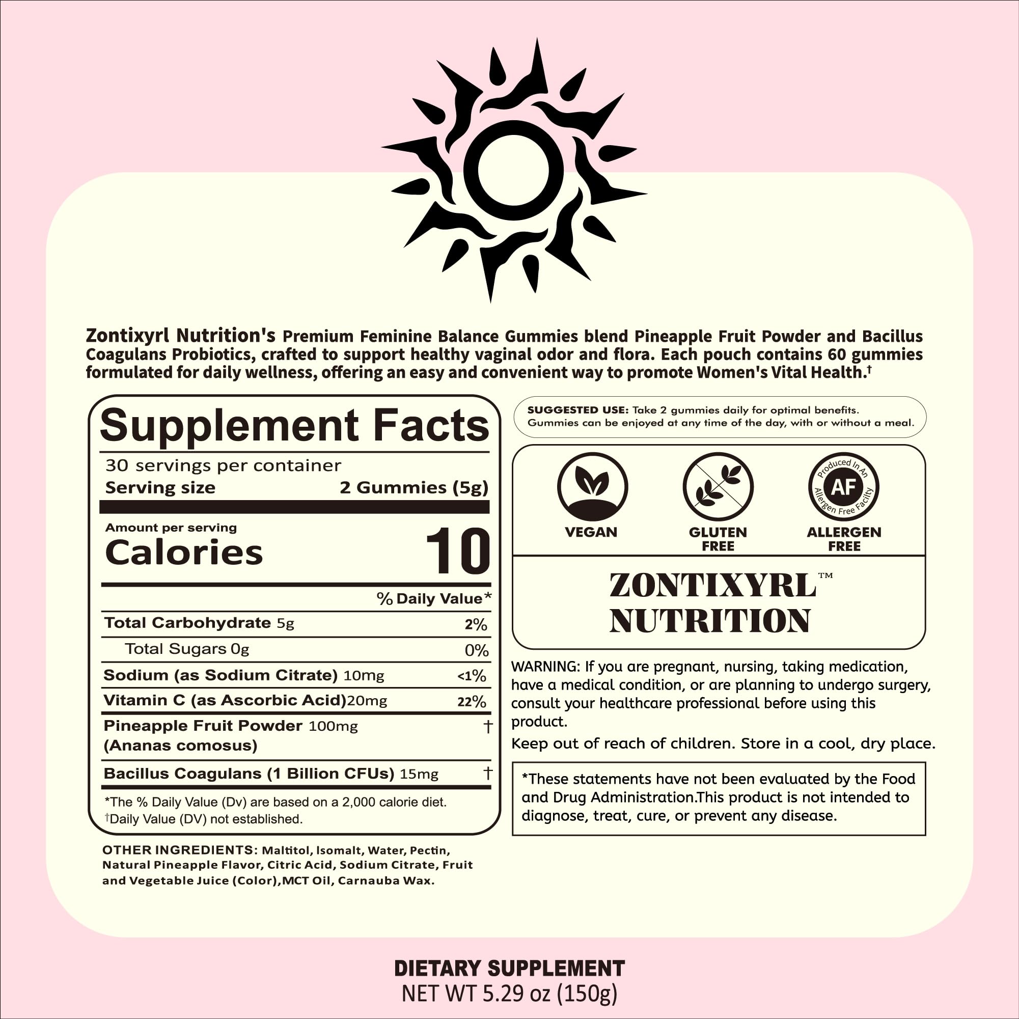 Zontixyrl Premium Feminine Balance Gummies Women - Pineapple Gummies for Women pH Probiotic and Immune Support Vegan Gluten Free 60 Gummies 30 Servings ZontixyrlAu supplements
