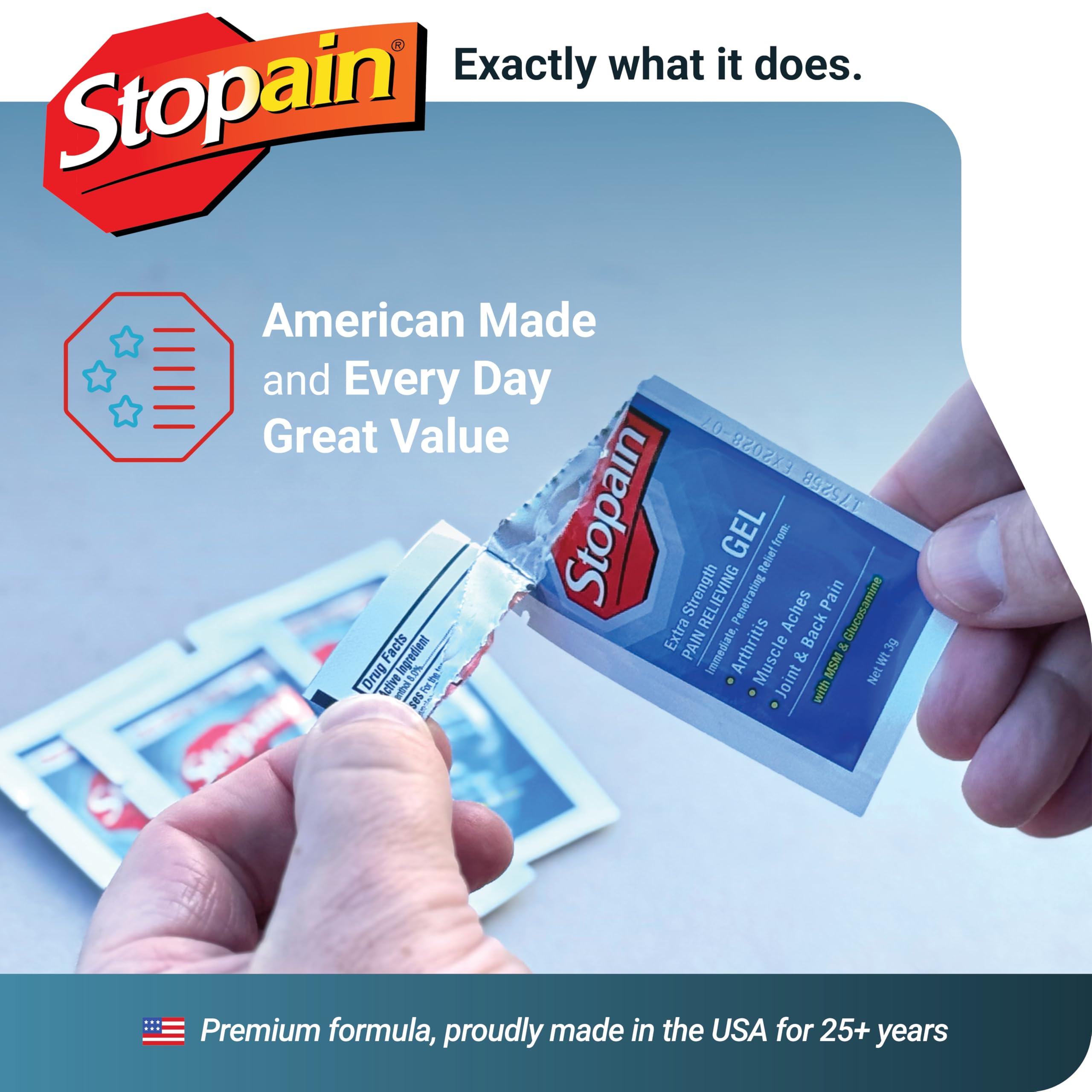 Stopain Pain Relief 3g Gel Packets, 100ct, 8% Menthol, Topical Pain Relief, Knee Pain Relief, Back Pain Relief, and Arthritis Pain Relief, Perfect for Workplace First Aid Cabinets, Made in USA StopainAu supplements