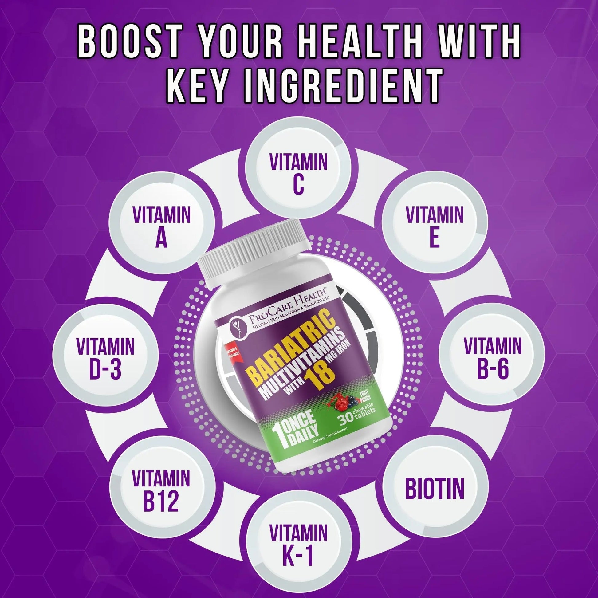 ProCare Health Bariatric Chewable Multivitamin with Iron 18mg (30 Tablets) - Fruit Punch Flavor Bariatric Multivitamin Chewable ProCare HealthAu supplements