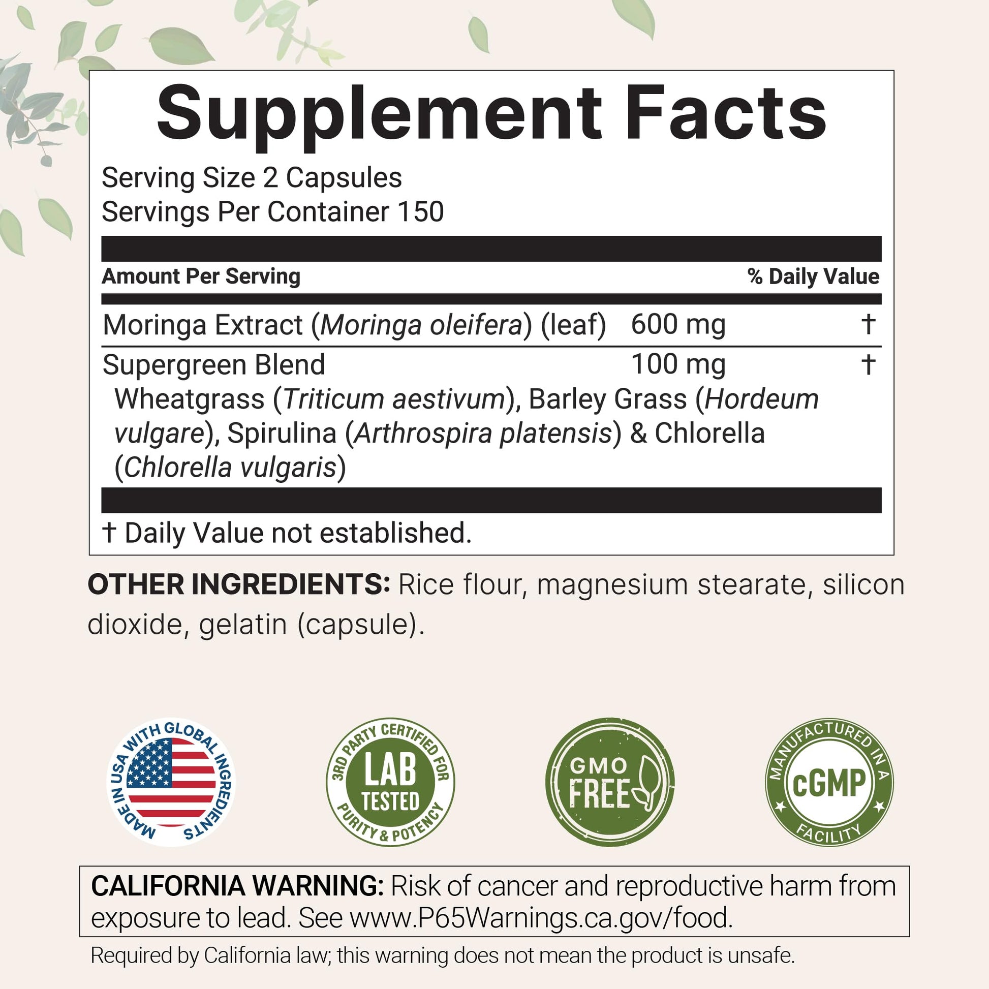 Micro Ingredients Moringa Oleifera | 300 Capsules with Supergreens Blend of Wheatgrass, Barley Grass, Spirulina, & Chlorella | Antioxidant Supplement, Energy, & Immune Support | Non-GMO Micro IngredientsAu supplements