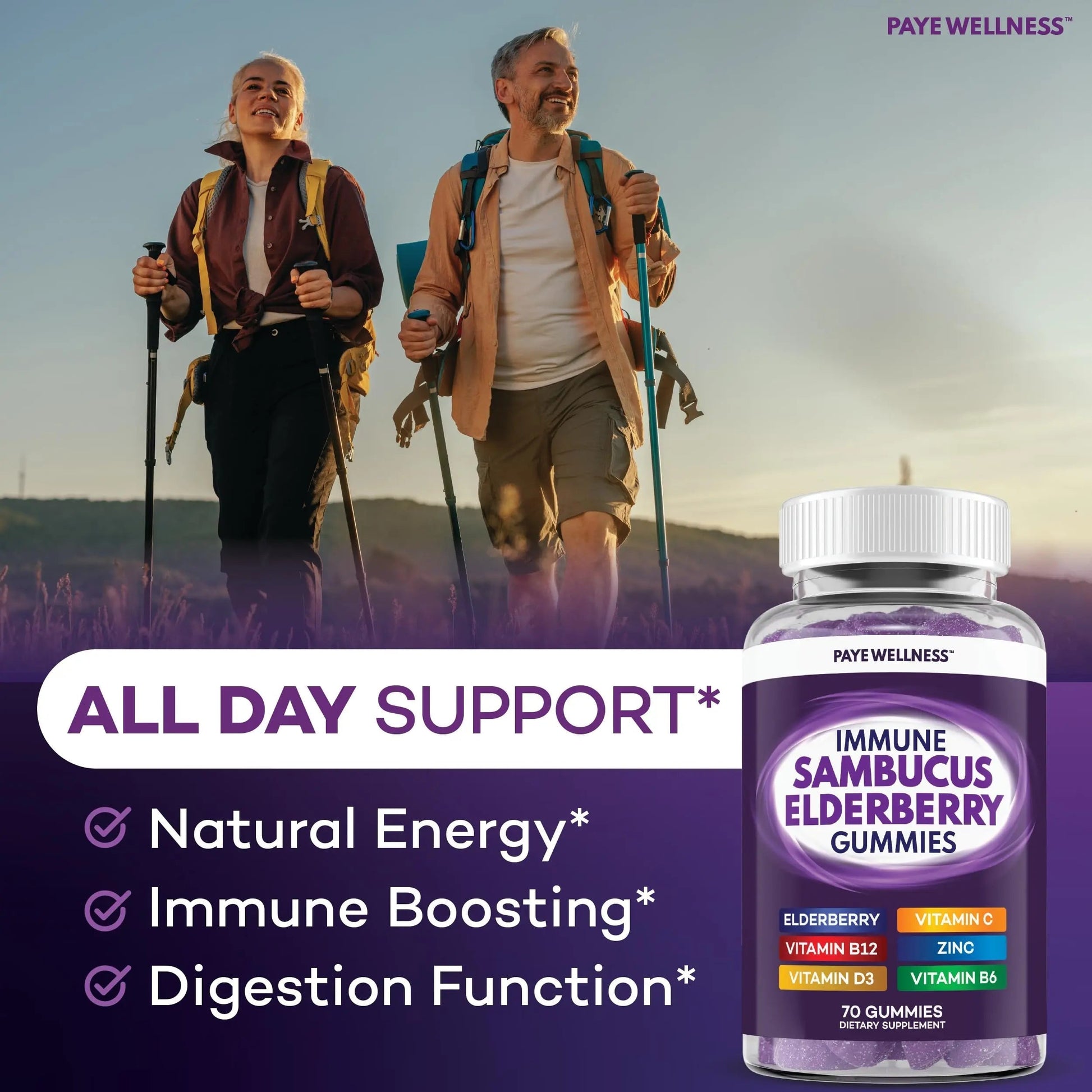 Elderberry Gummies Immune Support, Daily Support for Kids and Adults*, with Sambucus Elderberry, Zinc, Vitamin C, D3, B6, B12, Plus PAYÉAu supplements