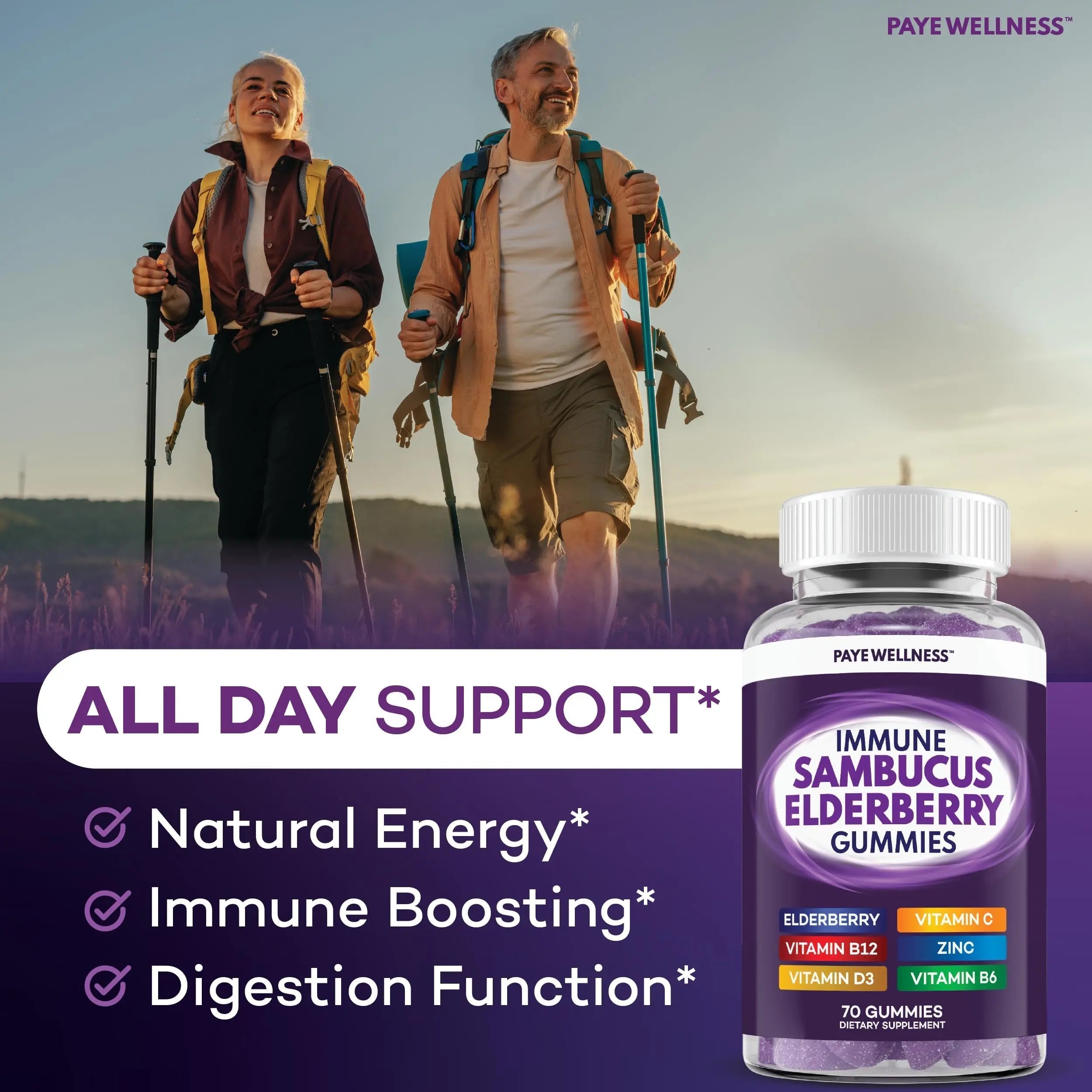 Elderberry Gummies Immune Support, Daily Support for Kids and Adults*, with Sambucus Elderberry, Zinc, Vitamin C, D3, B6, B12, Plus PAYÉAu supplements
