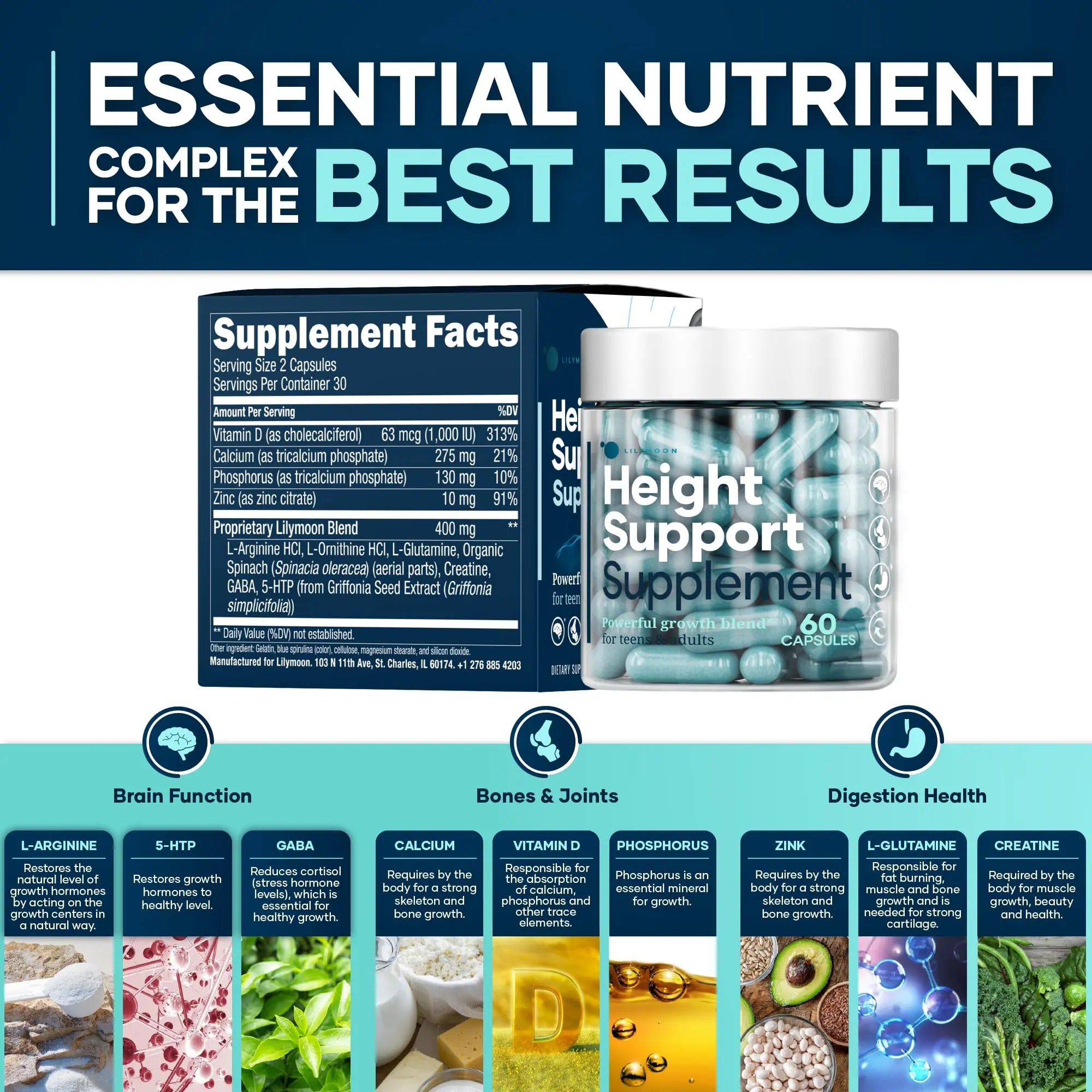 Height & Bone Support Supplement - Premium Height Growth Supplement for Kids & Teens with Calcium - Nutritional Support Bone Health Formula - Height Increase Essential Vitamins - 60 Caps LM LILYNUTRAMOONnz supplements