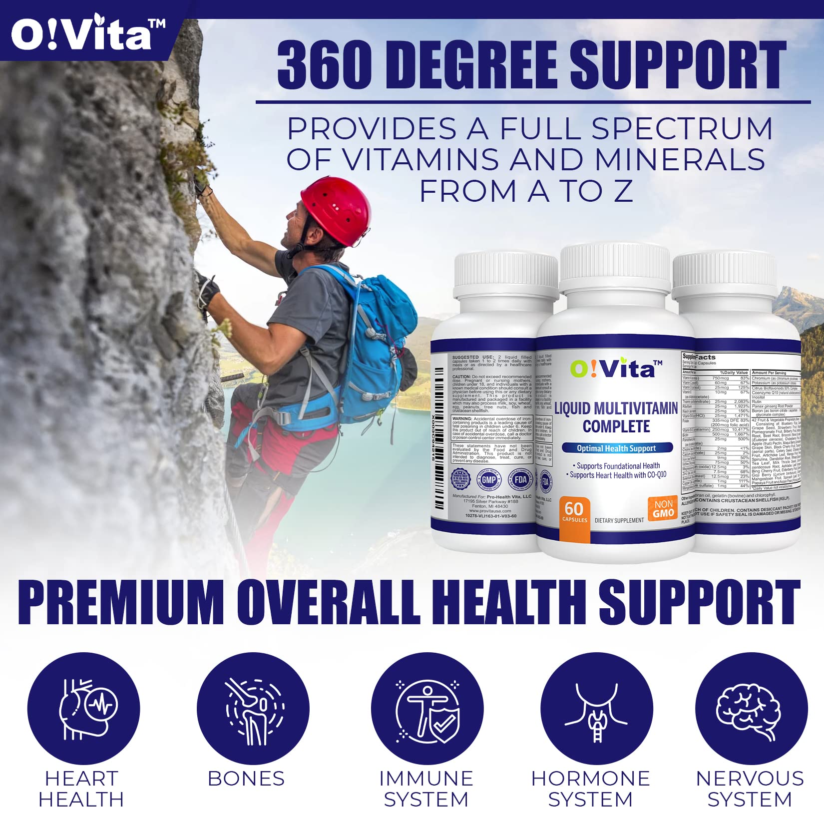 O!VITA Liquid Multivitamin Complete, with a Full Spectrum of Vitamins and Minerals, Plus 42 Fruits and Vegetable Proprietary Blend, Easy Absorption (60 Vegan Liquid Filled Capsules) O!VITAAu supplements