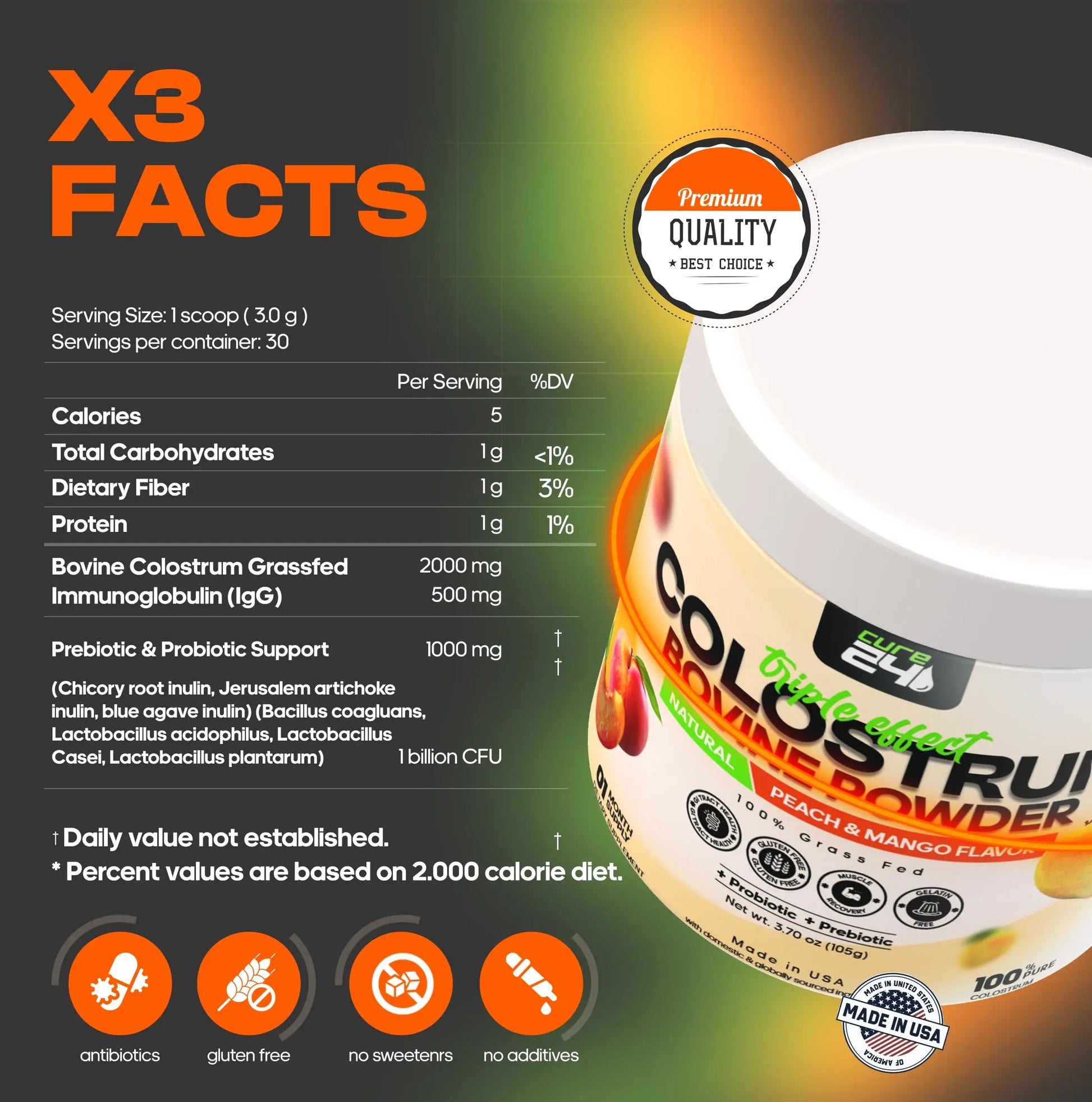 Cure24 Bovine X3 Colostrum Supplement Powder for Humans, 100% Pure Whole Natural Grass Fed Superfood, High IgG, Plus Probiotic & Prebiotic, Natural Peach-Mango Flavor, Made in USA Cure24nz supplements