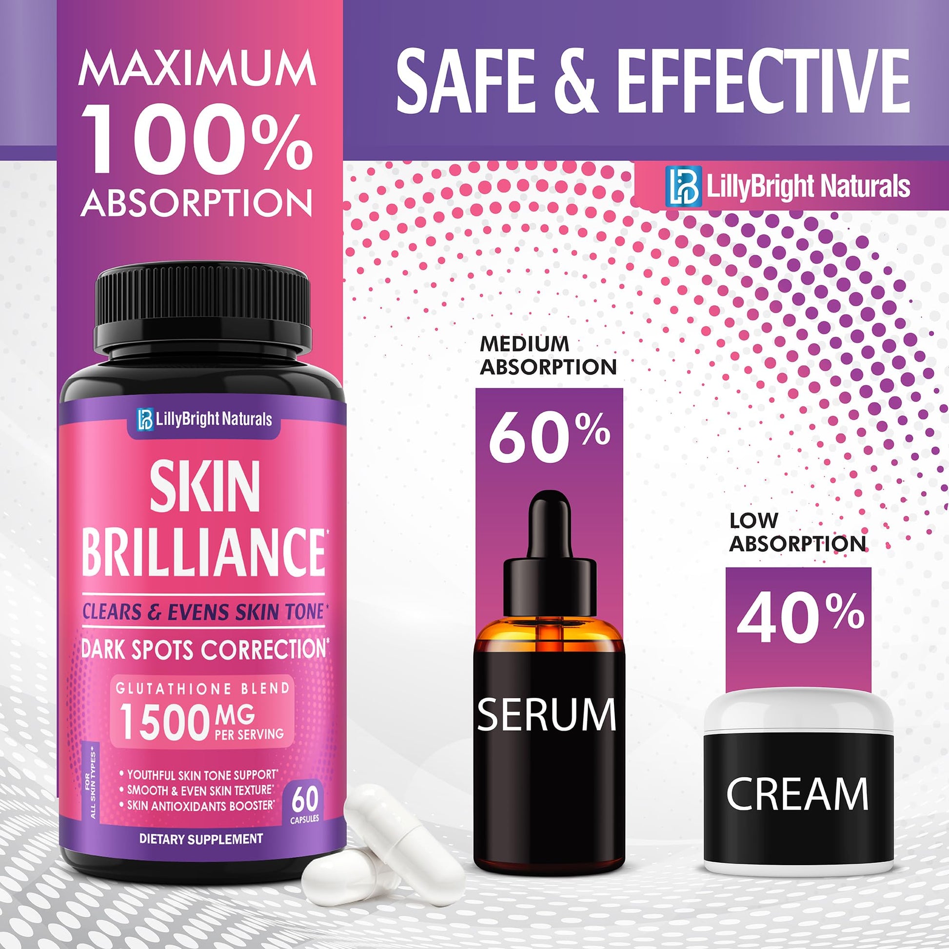 Glutathione Capsules - 1,500mcg L-Glutathione Supplement with Vitamin C - Skin Tone Enhancer - Targets Dark Spots & Acne Marks - Antioxidant Supplement for Beauty & Health Support - 60 Skin Pills LB LILLYBRIGHT NATURALSAu supplements