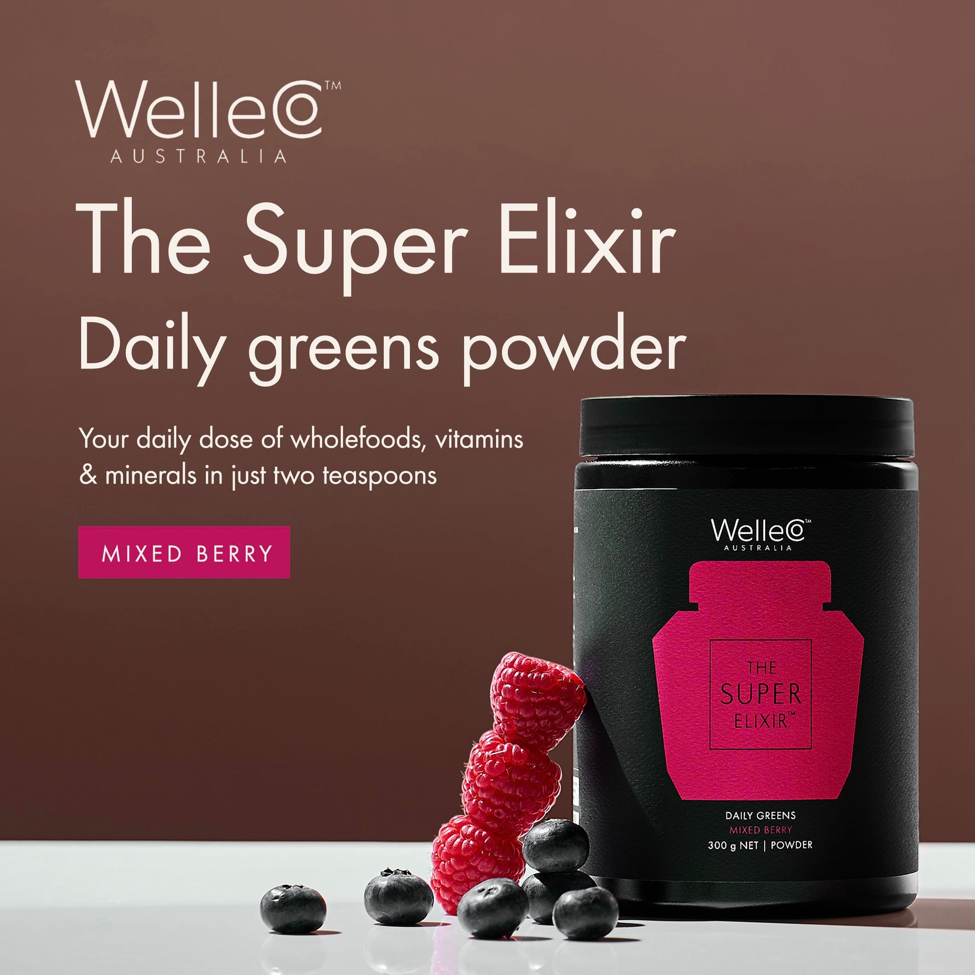 WelleCo The Super Elixir Daily Greens Powder, Probiotic Drink Mix with Whole Foods, Gluten Free, Vegan Gut Health Powder, Energy, Immunity, Healthy Skin, Hair & Nails (300g, Mixed Berry) WelleCoAu supplements