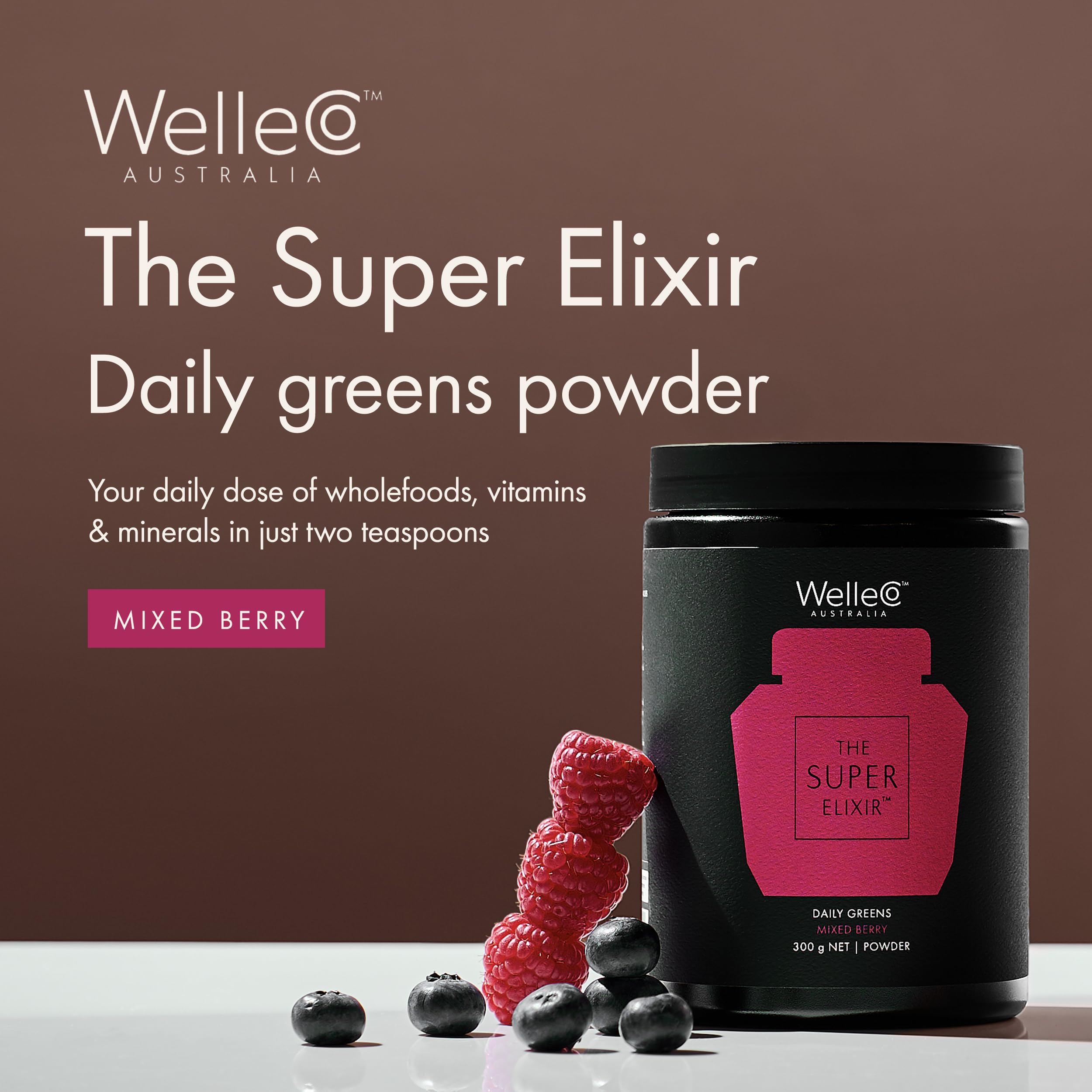 WelleCo The Super Elixir Daily Greens Powder, Probiotic Drink Mix with Whole Foods, Gluten Free, Vegan Gut Health Powder, Energy, Immunity, Healthy Skin, Hair & Nails (300g, Mixed Berry) WelleCoAu supplements