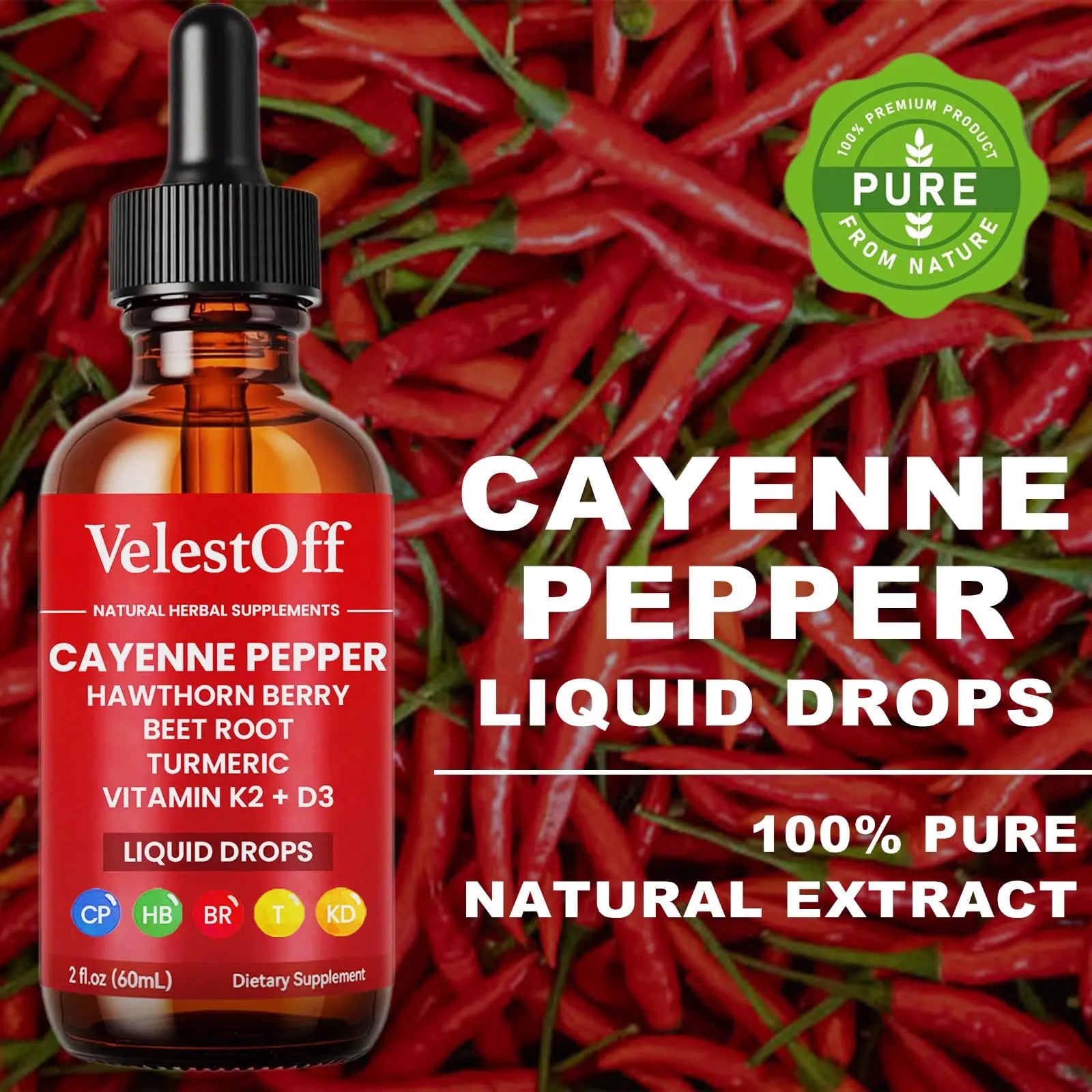 Velestoff Cayenne Pepper Drops, Cayenne Circulation Blend with Hawthorn Beet Root Turmeric Vitamin K2 D3 - Vegan, Non-GMO - 2FL.OZ (2 PCS) Velestoffnz supplements