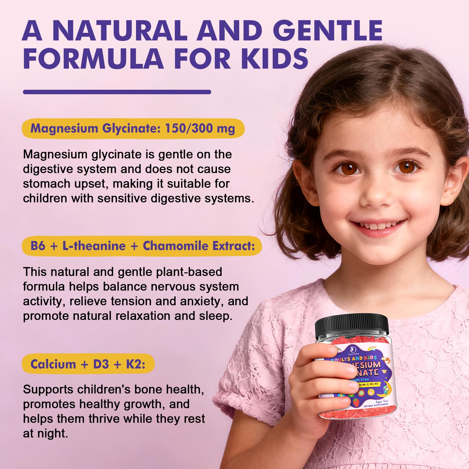 Magnesium Glycinate Gummies for Kids 4+ & Adults- Magnesium Glycinate 150/300 mg for Natural Sleep, Relaxation & Calm Support, Melatonin Free, Sugar Free Strawberry Flavor, 60 Ct LUCNVEMAu supplements