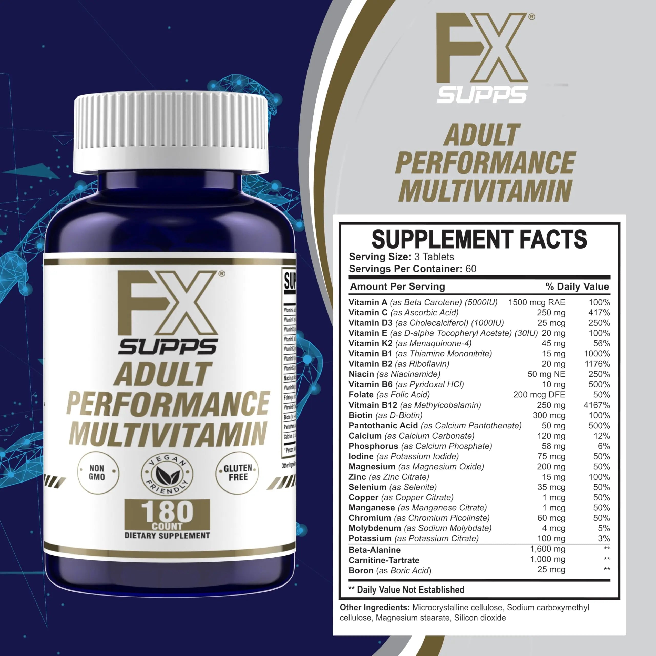 FXSUPPS Performance Multi-Vitamin with Amino Acids, Beta-Alanine and L-Carnitine, Enhanced Performance and Recovery, 180 Tablets FXSUPPSAu supplements