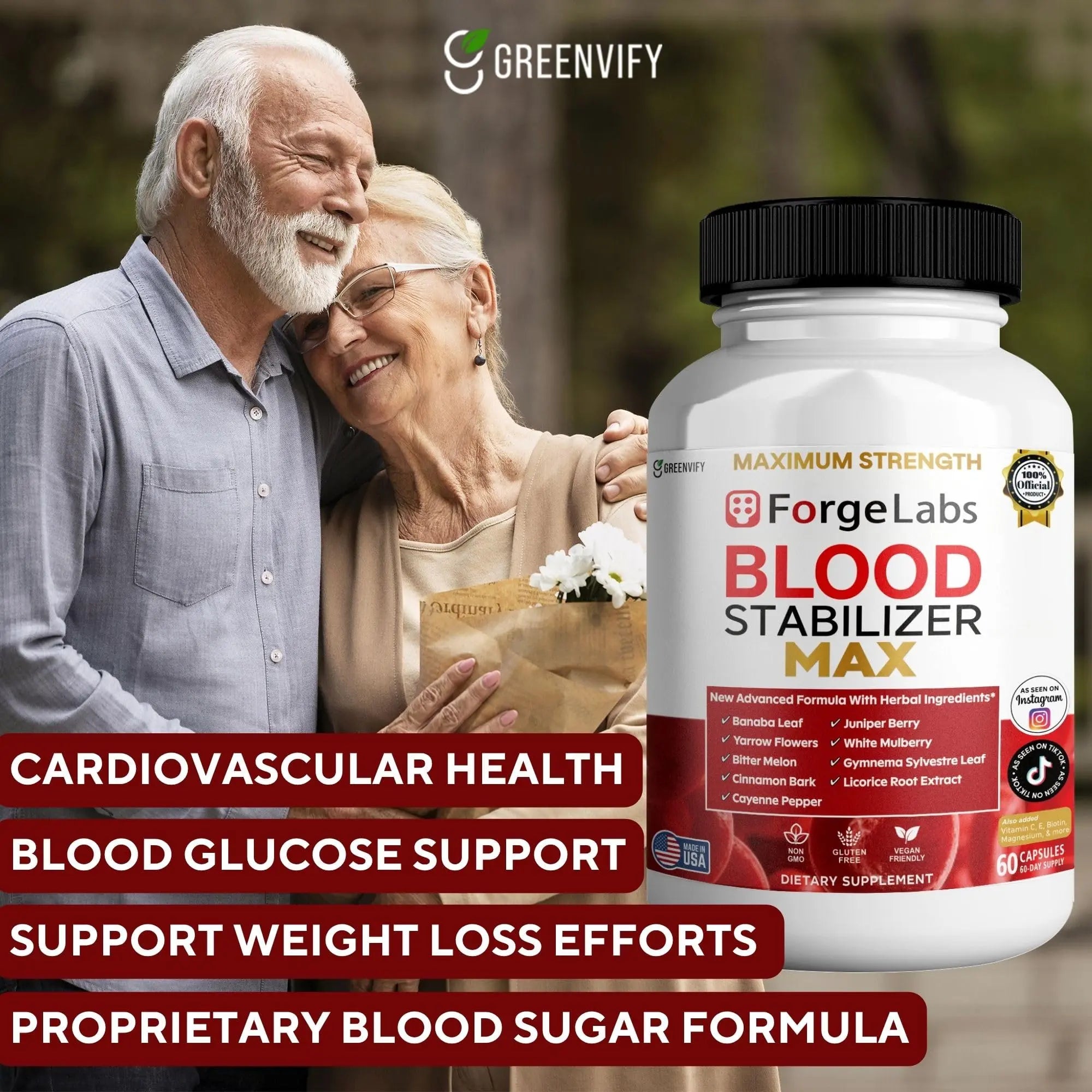 GREENVIFY ForgeLabs Blood Stabilizer Max, Maximum Strength Dietary Supplement, 60 Veggie Capsules, with Banaba Leaf, Juniper Berry, White Mulberry. (1) GREENVIFYnz supplements