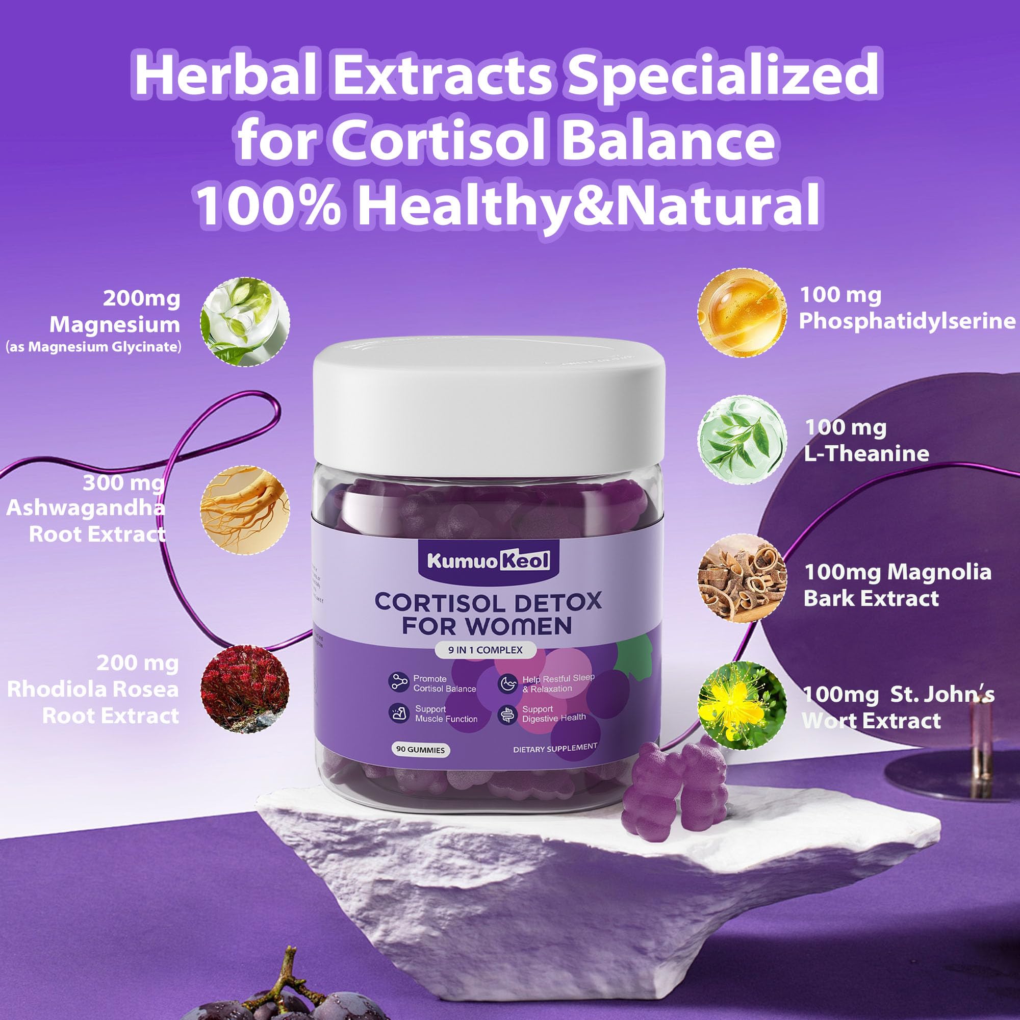Cortisol Supplements for Women, Lower Cortisol for Women, Cortisol Gummies with Ashwagandha, Magnesium, L-Theanine, Phosphatidylserine, Vitamin, Relaxation, Focus, Sugar-Free, Vegan, 90 Count KumuoKeolAu supplements
