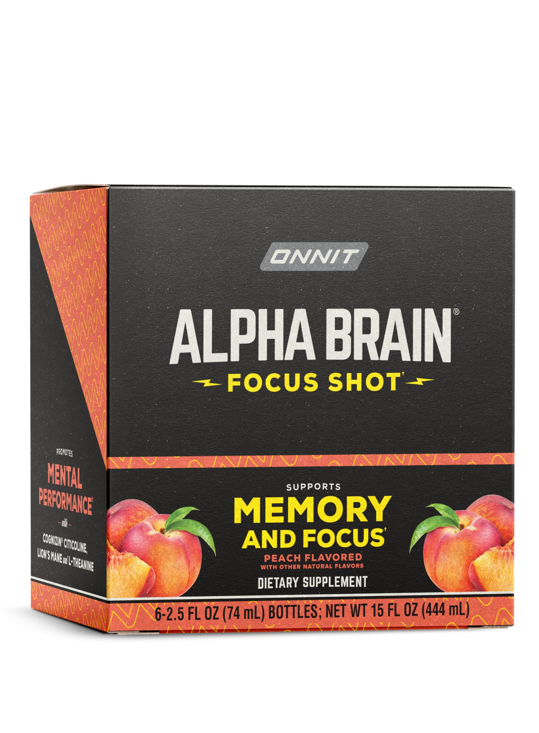 ONNIT Alpha Brain Focus Shot, Peach Flavor, Nootropic Dietary Supplement Drink That Supports Energy, Focus, and Mood, IGEN™ Non-GMO Tested, 2.5 fl oz, 6 Count ONNITAu supplements