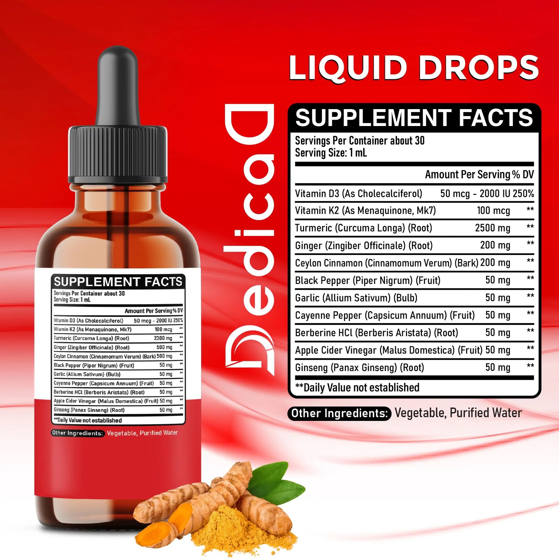 11in1 Turmeric Supplement for Health Heart & Wellness Support – with Ginger, Garlic, Ceylon Cinnamon, Berberine, Ginseng, Apple Cider Vinegar – 30ml Liquid Drops – 60 Servings DEDICADnz supplements