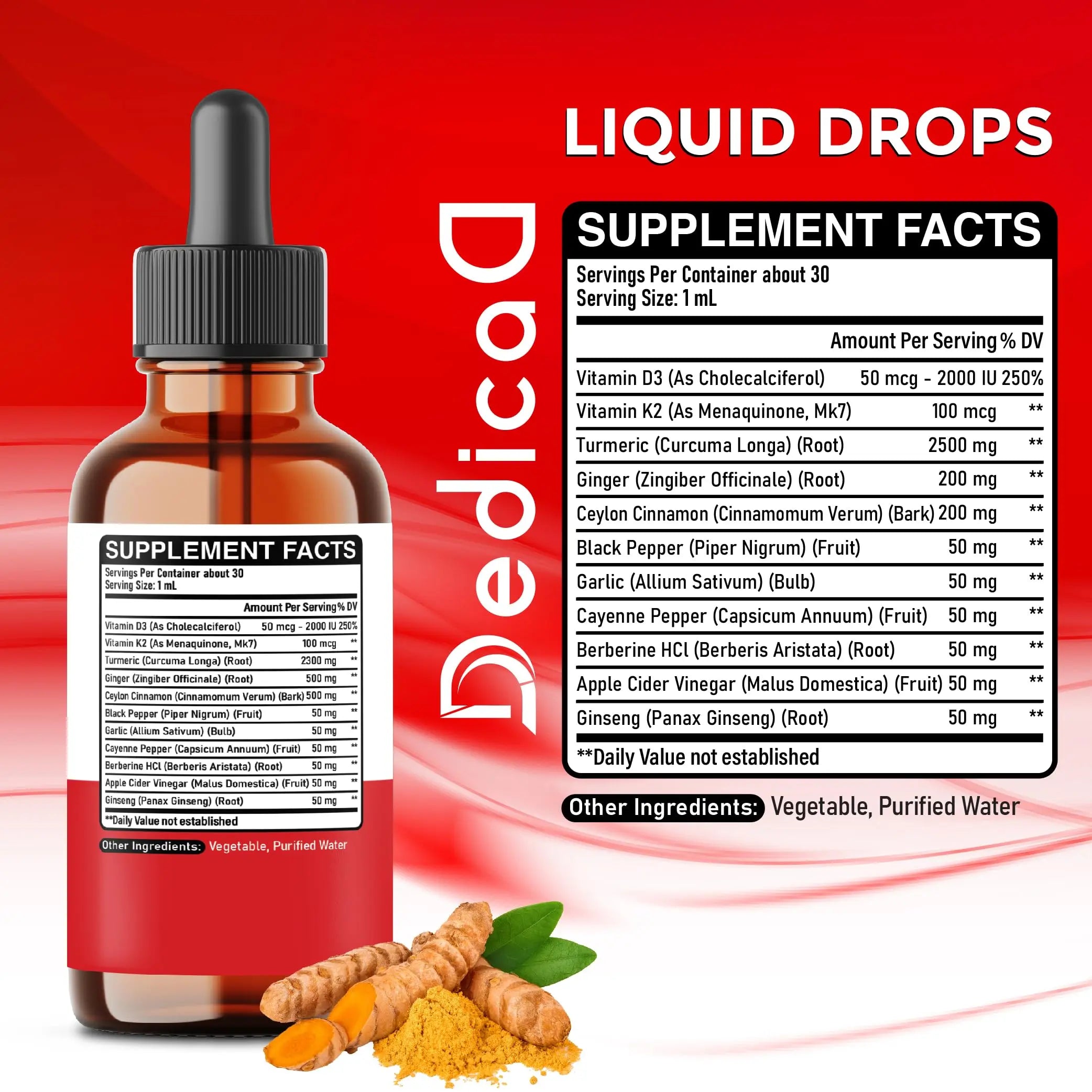 11in1 Turmeric Supplement for Health Heart & Wellness Support – with Ginger, Garlic, Ceylon Cinnamon, Berberine, Ginseng, Apple Cider Vinegar – 30ml Liquid Drops – 60 Servings DEDICADnz supplements