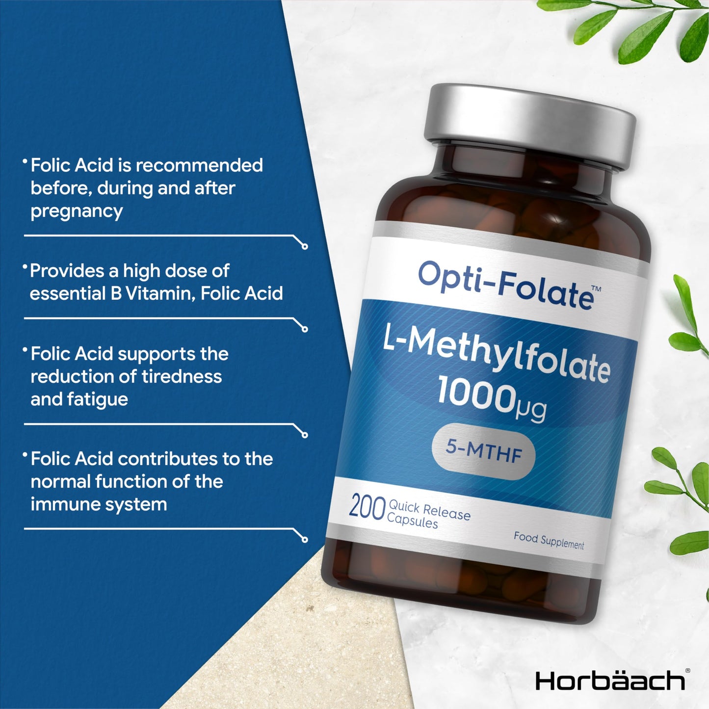 L-Methylfolate 1000ug | 200 Capsules | 5-MTHF Folate Supplement | Active Form HorbäachUS supplements