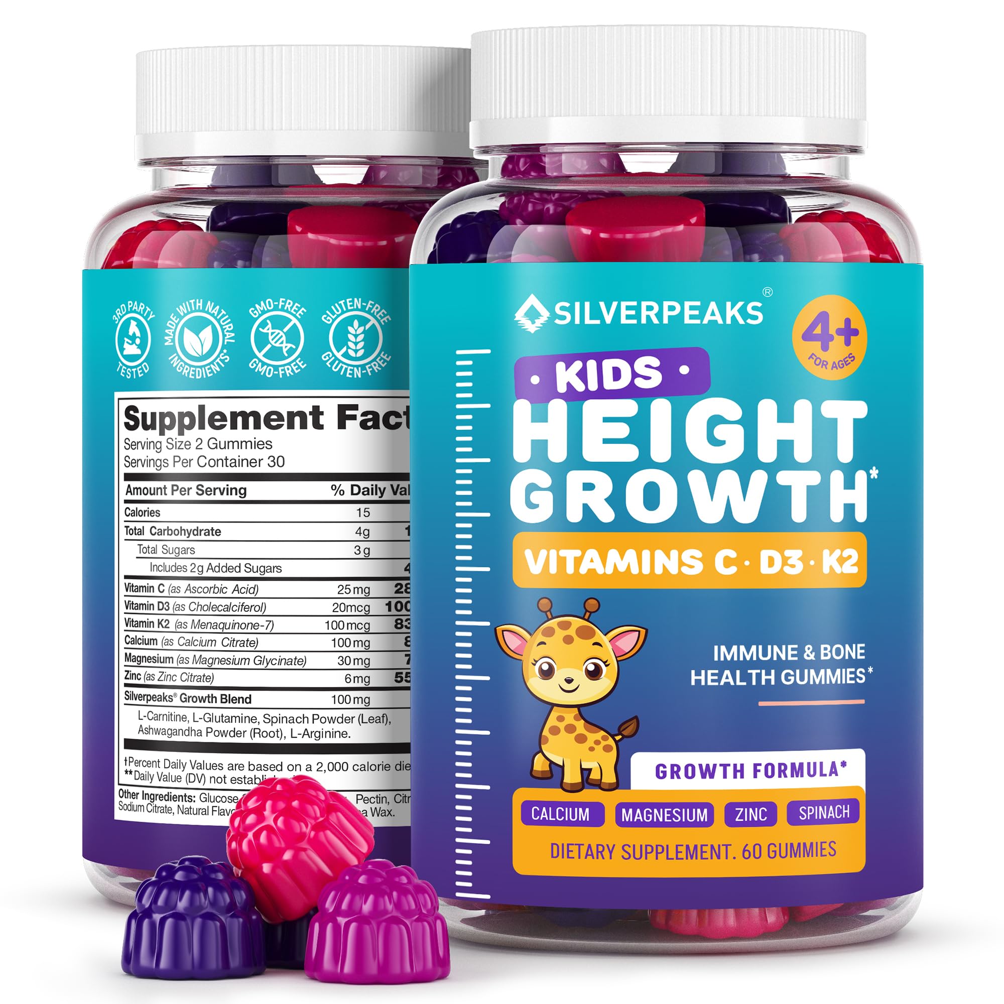 Height Growth Gummies for Kids - Growth Vitamins for Teens, Height Increase Multivitamin for Boys & Girls with Calcium Vitamin D C K2 Magnesium Zinc, Natural Height Growth Maximizer Supplement, 60 PCS SILVERPEAKSAu supplements
