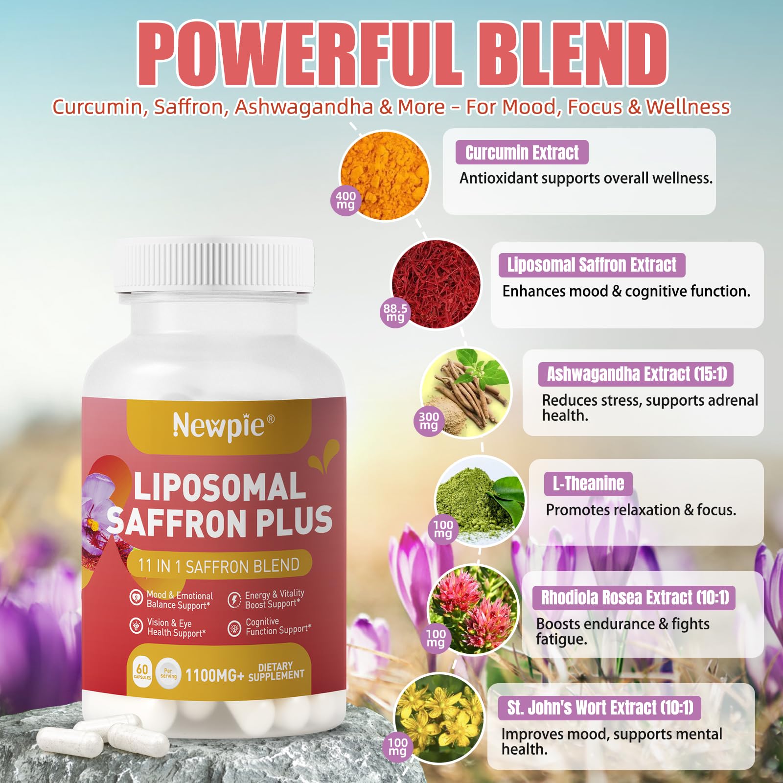 Newpie Saffron Supplements - 100% Pure Saffron Extract Capsules - Natural Mood Enhancer, Supports Eye & Heart Health, Boosts Energy - Premium Supplement for Women & Men（60 Servings (1) NewpieAu supplements
