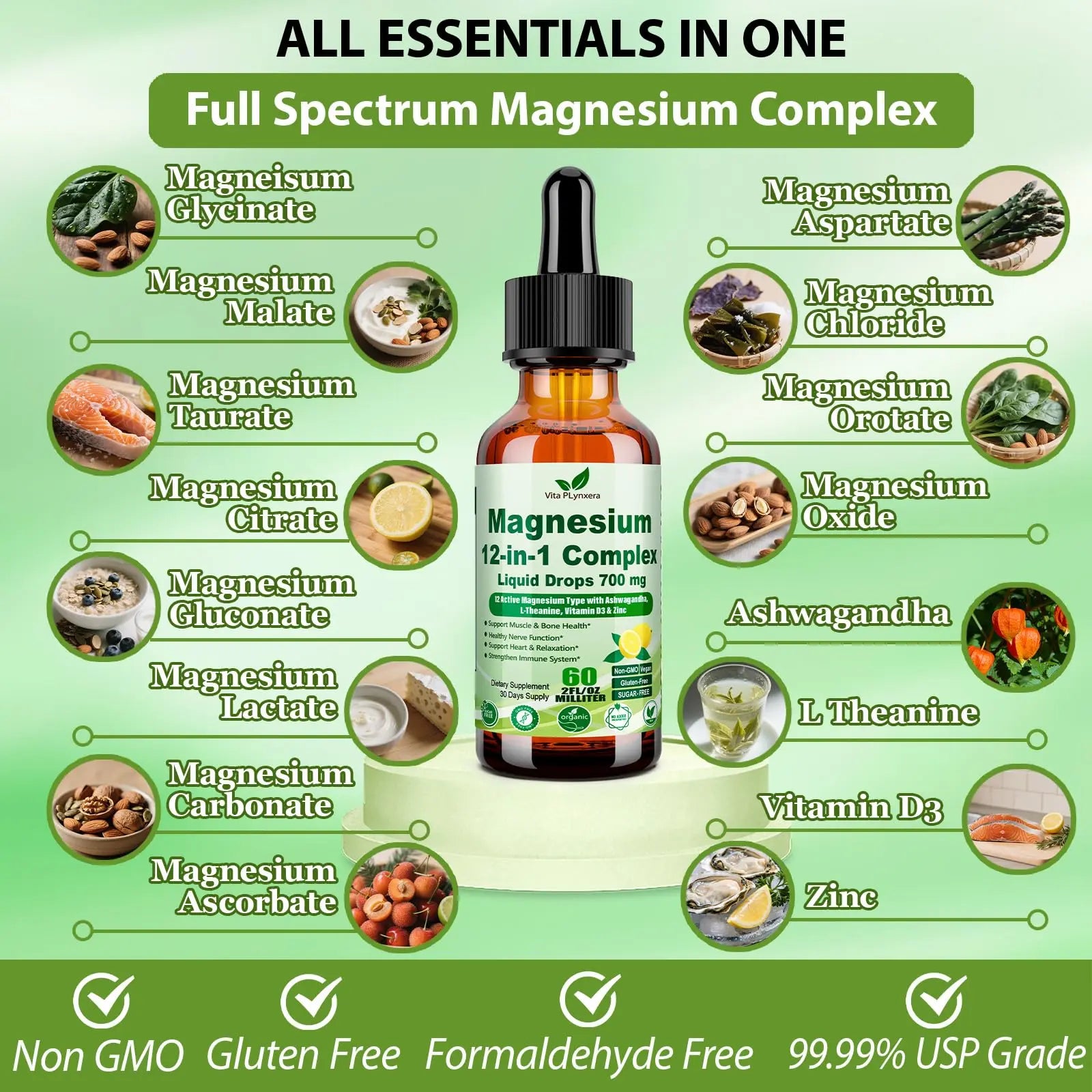 12-in-1 Magnesium Complex Liquid Drops, Chelated Magnesium Citrate Glycinate Taurate Malate Aspartate w. Ashwagandha Theanine D3 & Zinc for Relaxation Sleep Immune Health & Muscle Function丨Women Men. Vita PLynxeranz supplements