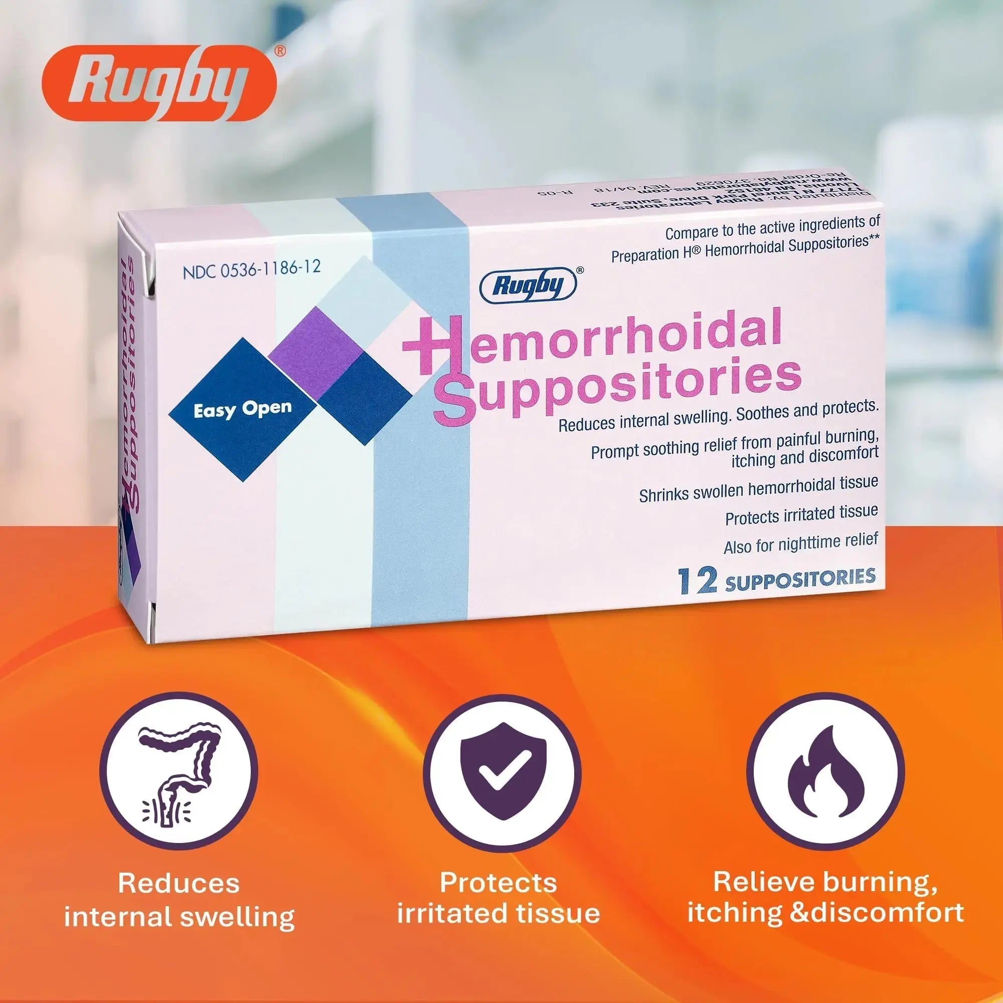 Rugby Hemorrhoidal Suppositories - Soothing and Shrinking Action for Internal Hemorrhoids with Cocoa Butter and Phenylephrine HCl, Easy Open Design - 12 Count RUGBY LABORATORIESAu supplements