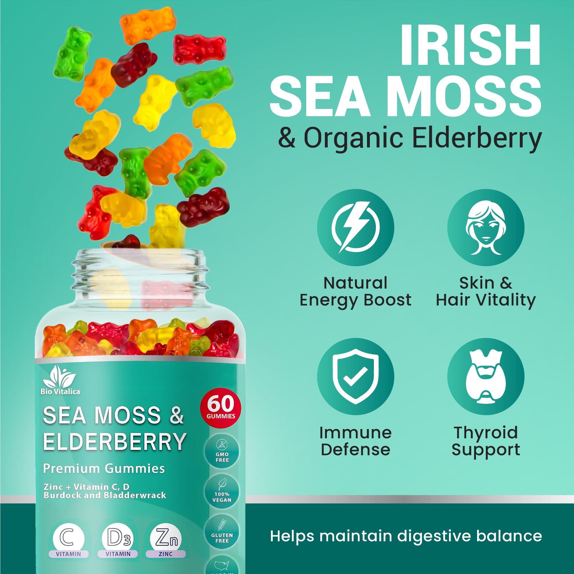 BIO VITALICA Irish Sea Moss Gummies with Elderberry – USA Made Vegan Gummies with Vitamin C, D & Zinc – Immune Support Supplement with Bladderwrack & Burdock Root for Adults & Kids – 3 Packs BIO VITALICAAu supplements