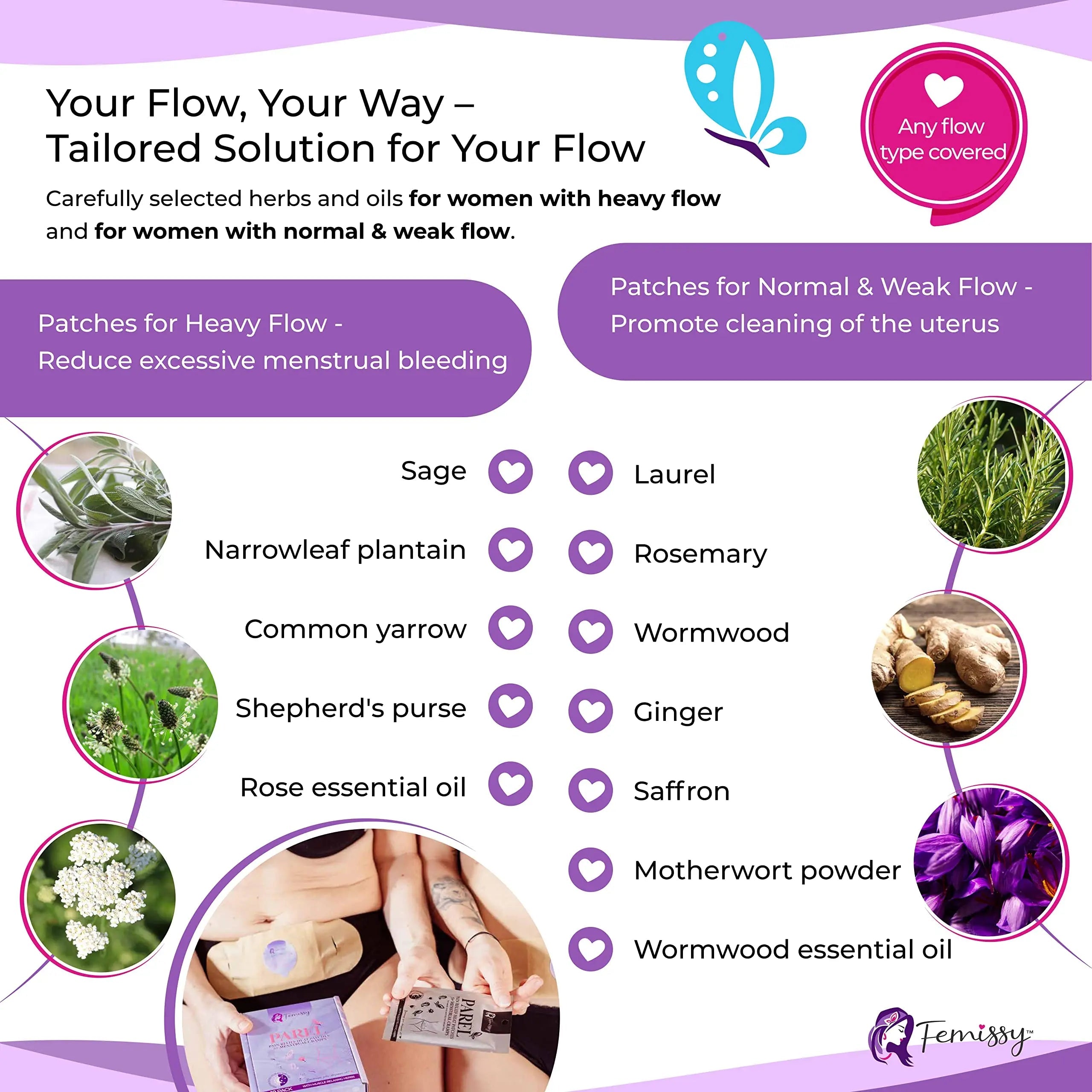 Heat Patches for Menstrual Cramps Based on Flow Strength, 10 Period Patches for Weak & Normal Flow & 1 Single Patch with Natural Herbs & Oils; Disposable Stick On Heating Pads Cramp-Free Period FemissyAu supplements